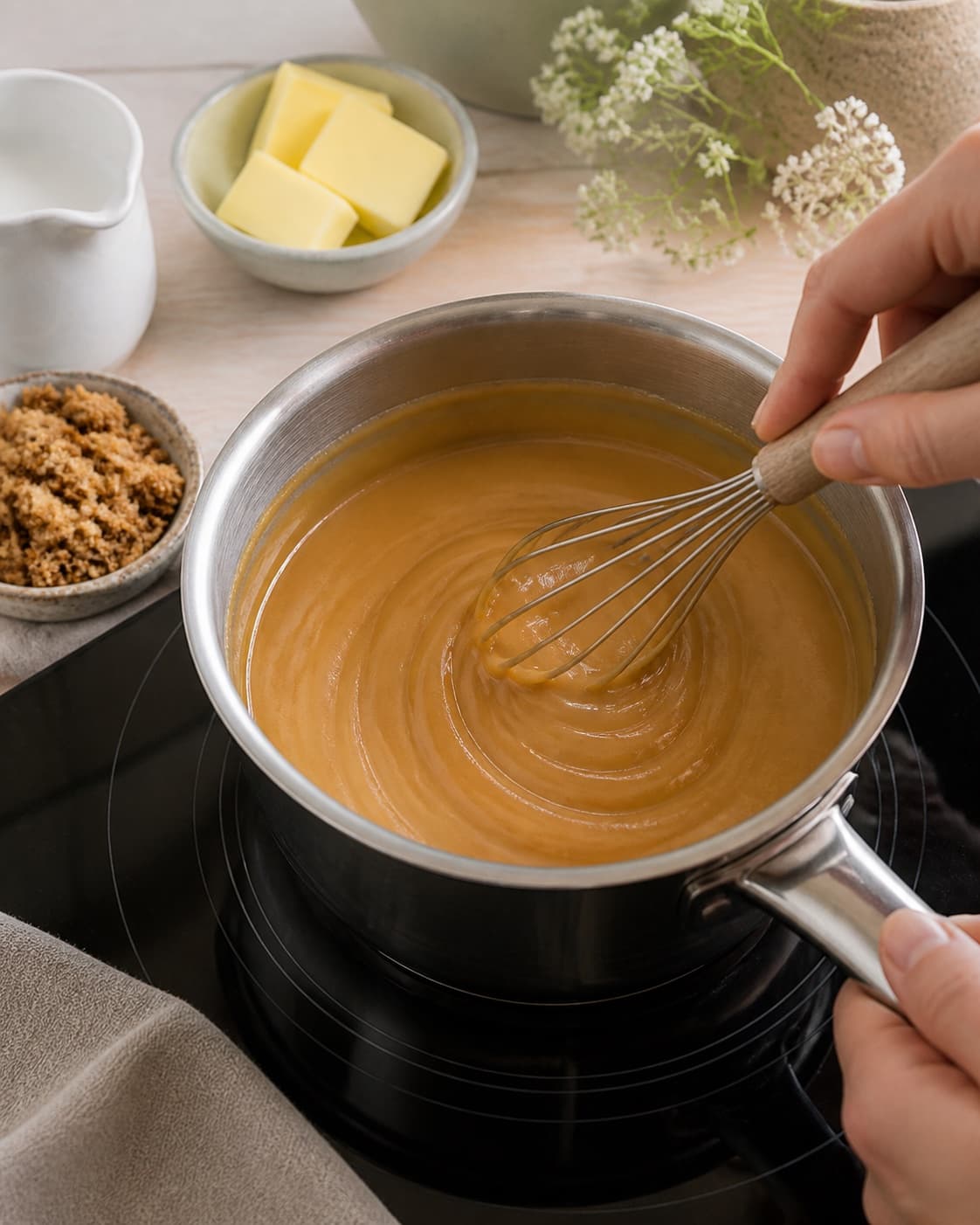 Brown sugar dissolving smoothly into condensed milk and cream in a saucepan under tilberedningen af cremet karamel af kondenseret mælk