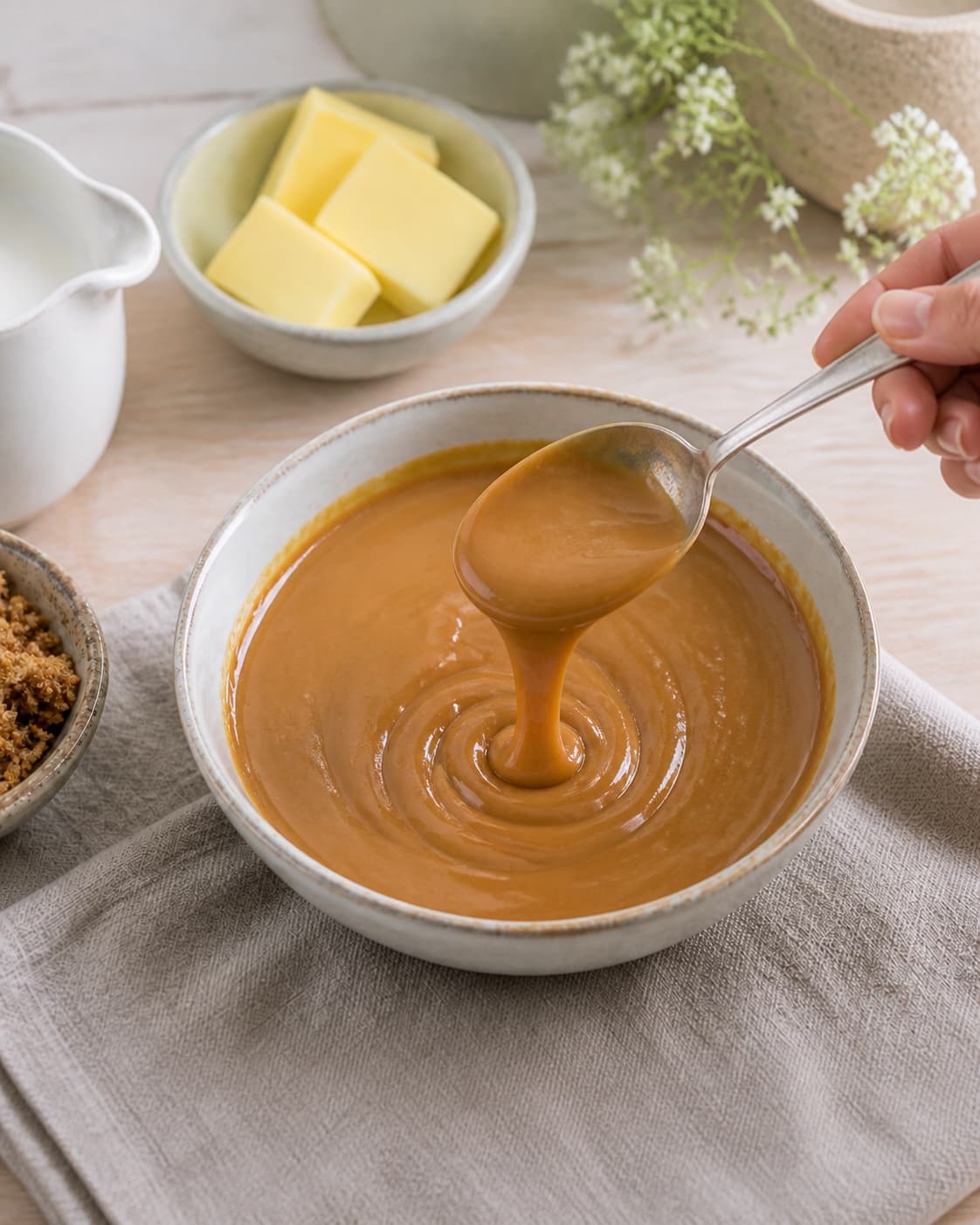 Condensed milk caramel bubbling gently to a glossy amber ribbon at 107 degrees under tilberedningen af cremet karamel af kondenseret mælk