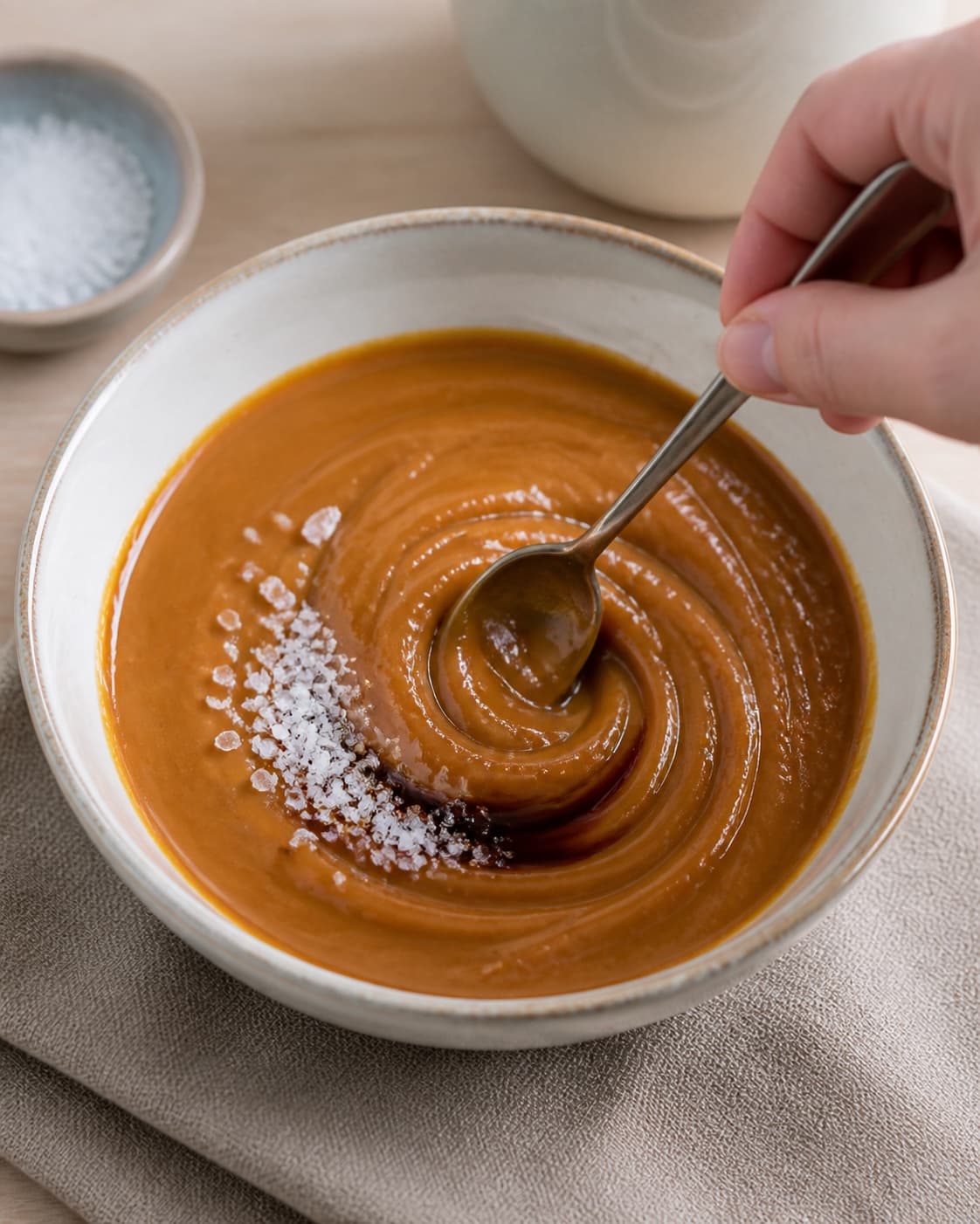 Vanilla and sea salt being stirred into finished glossy condensed milk caramel under tilberedningen af cremet karamel af kondenseret mælk