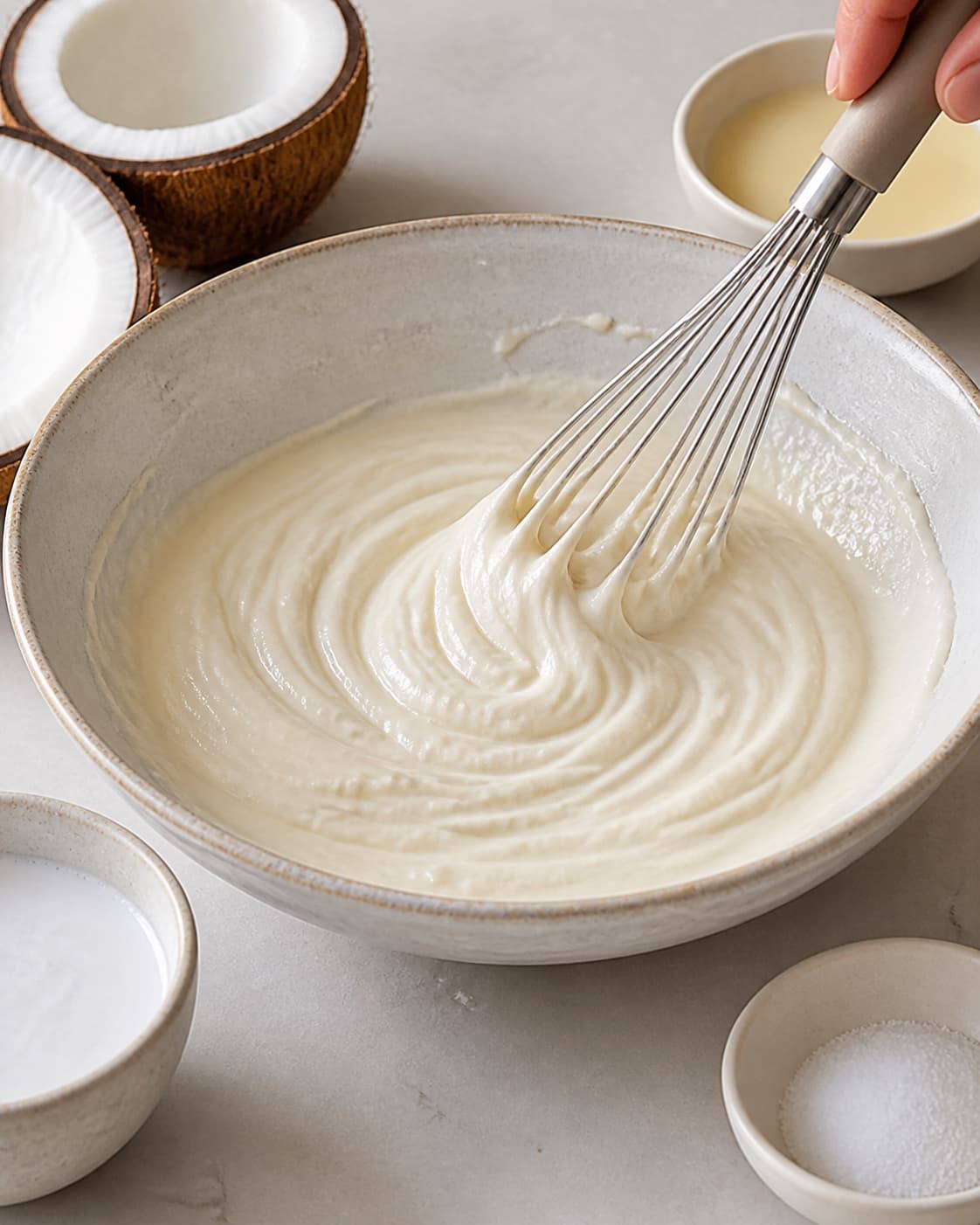 Coconut condensed milk coconut cream vanilla and salt mixed into a cohesive white filling under tilberedningen af bounty