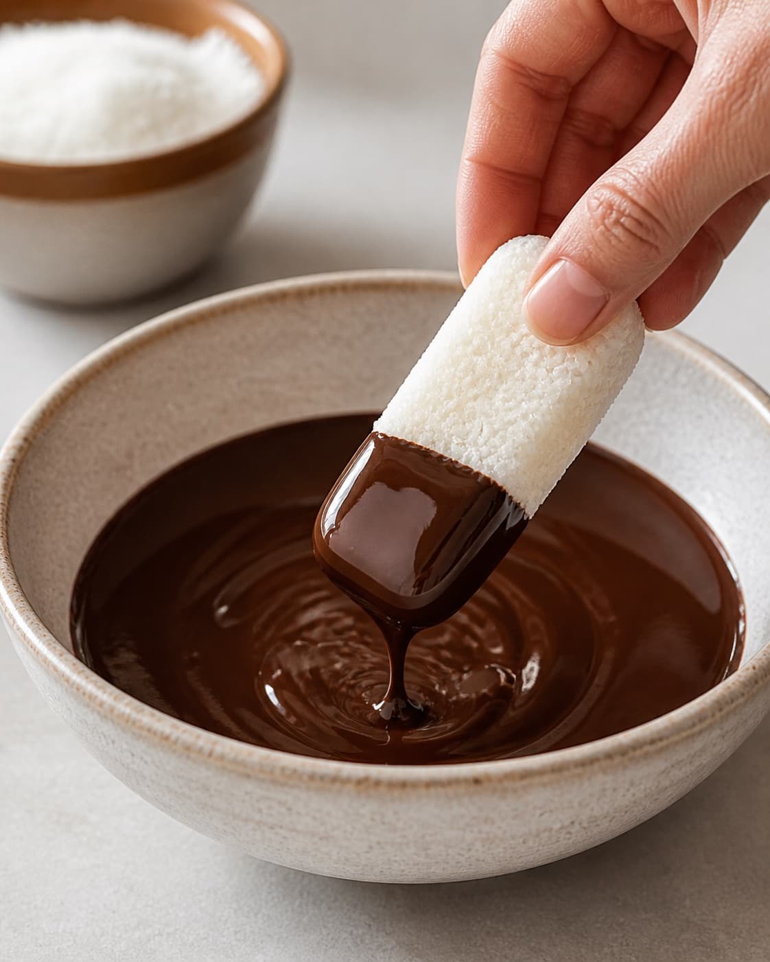 A chilled coconut bar being dipped completely in a thin layer of dark chocolate under tilberedningen af bounty