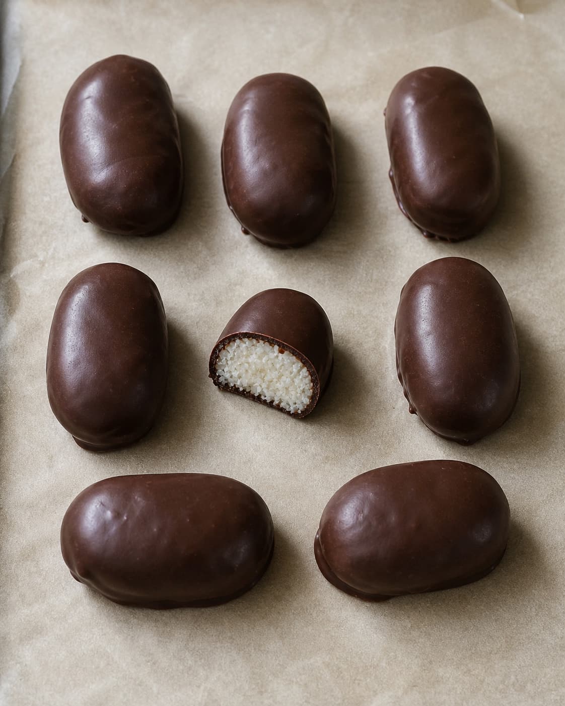 Chocolate coated coconut bars setting into clean firm shells on baking paper under tilberedningen af bounty