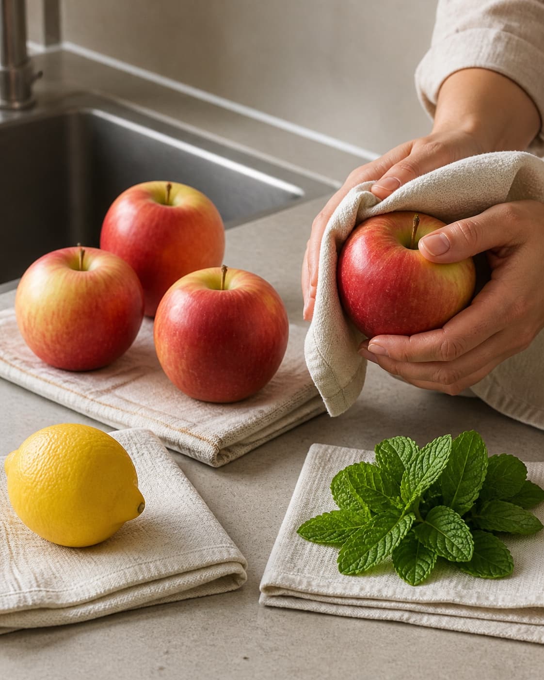Crisp apples organic lemon and fresh mint washed and dried separately under tilberedningen af æbler med lakrids
