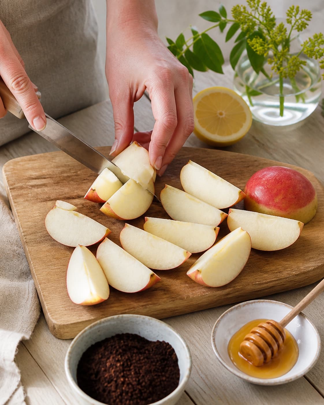 Thin apple wedges being cut evenly and tossed immediately with lemon juice under tilberedningen af æbler med lakrids