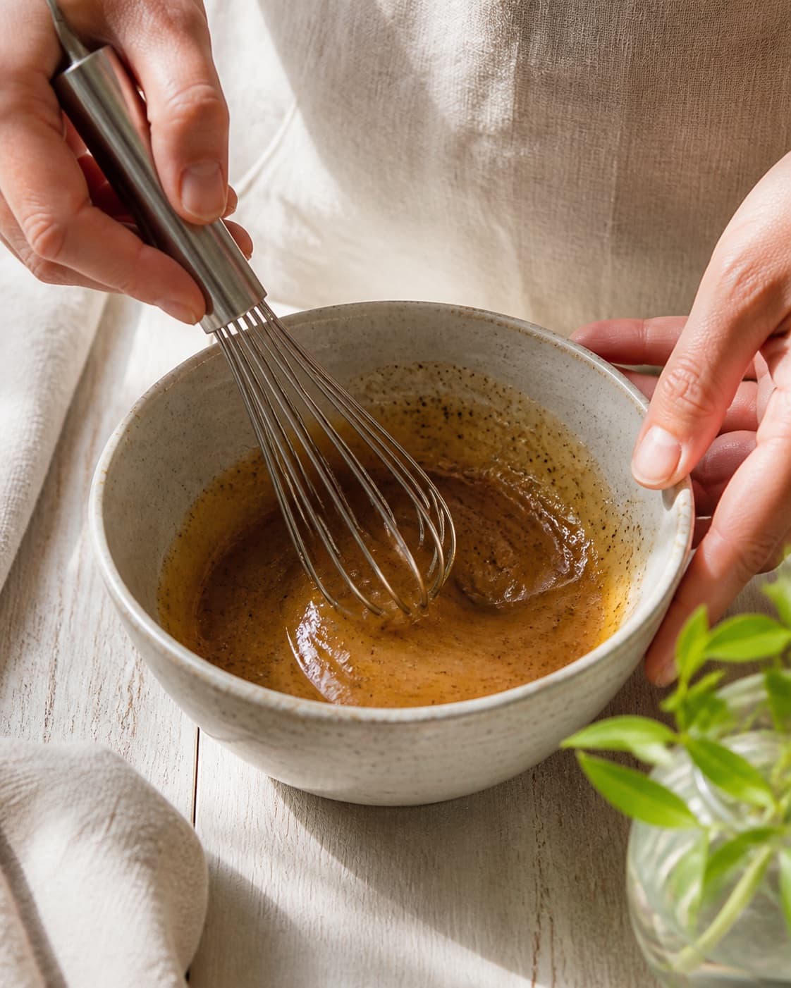 Honey liquorice powder lemon zest and juice whisked into a smooth dressing under tilberedningen af æbler med lakrids