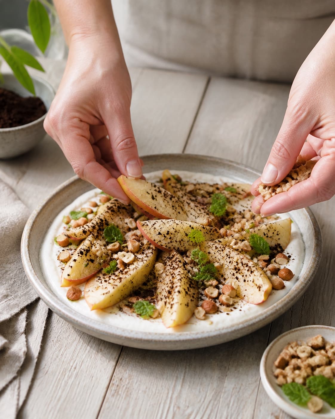 Liquorice dressed apples arranged over skyr with toasted almonds and fresh mint under tilberedningen af æbler med lakrids