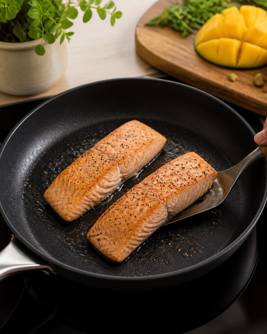Salmon fillet searing golden while its centre temperature is checked under tilberedningen af tortilla med laks og mango