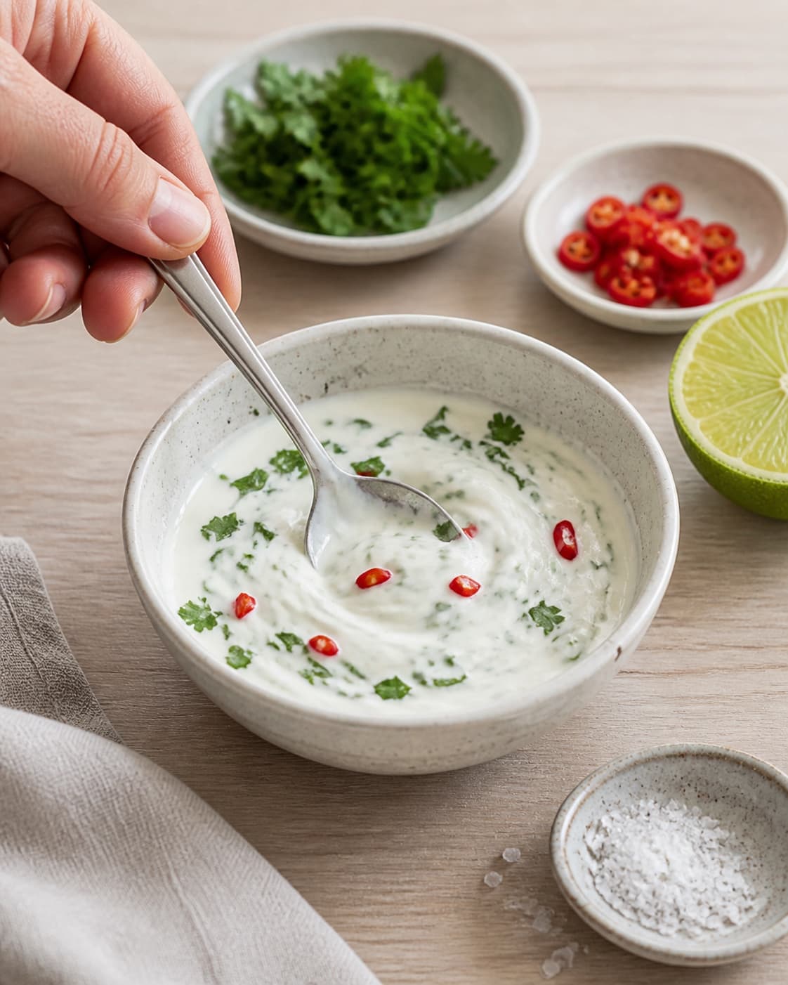 Greek yoghurt being mixed with lime chopped coriander fresh chilli and salt under tilberedningen af tortilla med laks og mango