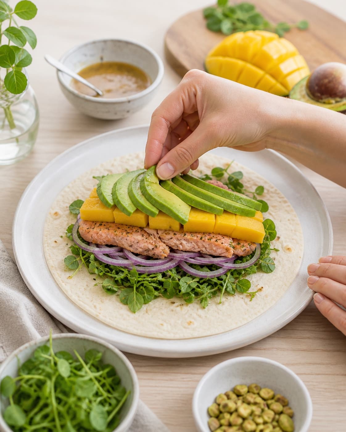 Warm wheat tortillas being layered with cabbage salmon mango avocado and yoghurt sauce under tilberedningen af tortilla med laks og mango