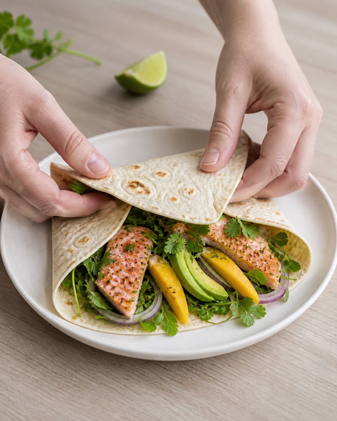 Finished salmon mango tortillas folded and garnished with coriander lime and chilli under tilberedningen af tortilla med laks og mango