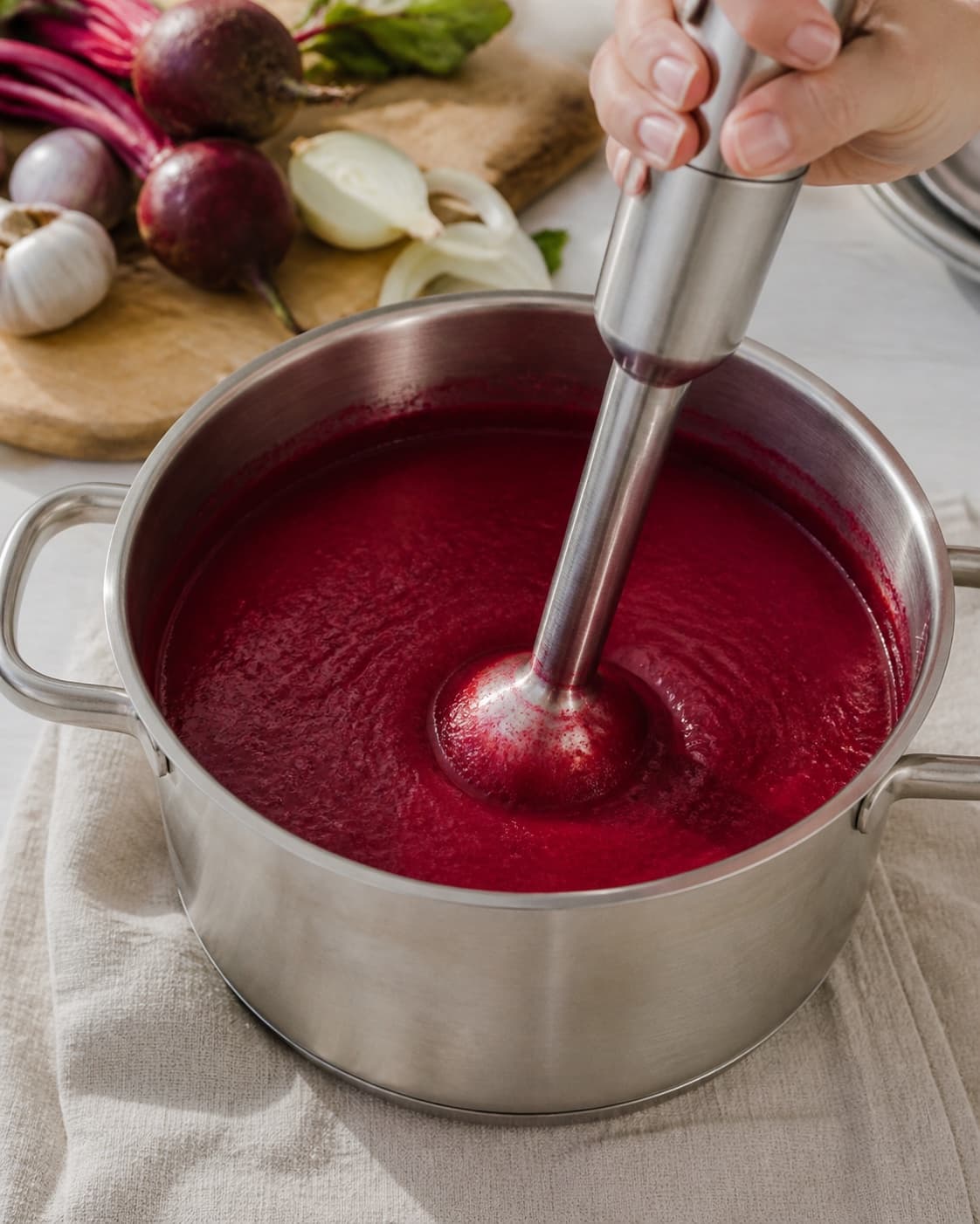 Smooth beetroot soup being enriched with cream and balanced with cider vinegar under tilberedningen af rødbedesuppe