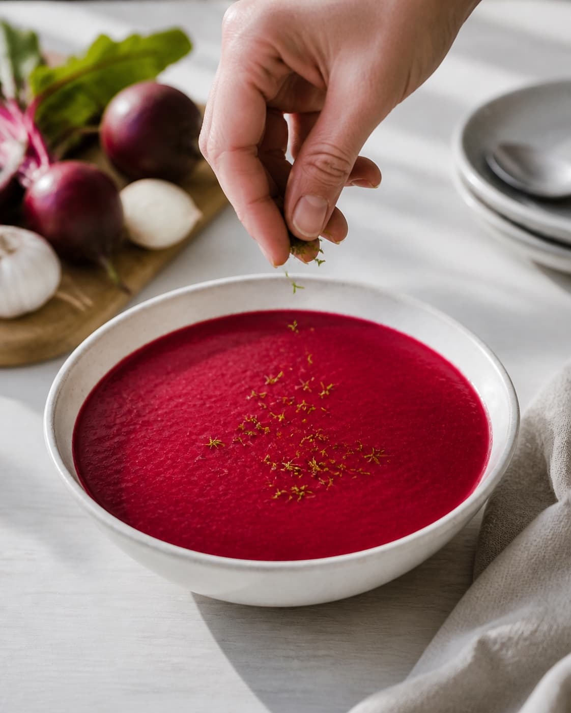 Ruby beetroot soup served with freshly chopped green dill under tilberedningen af rødbedesuppe