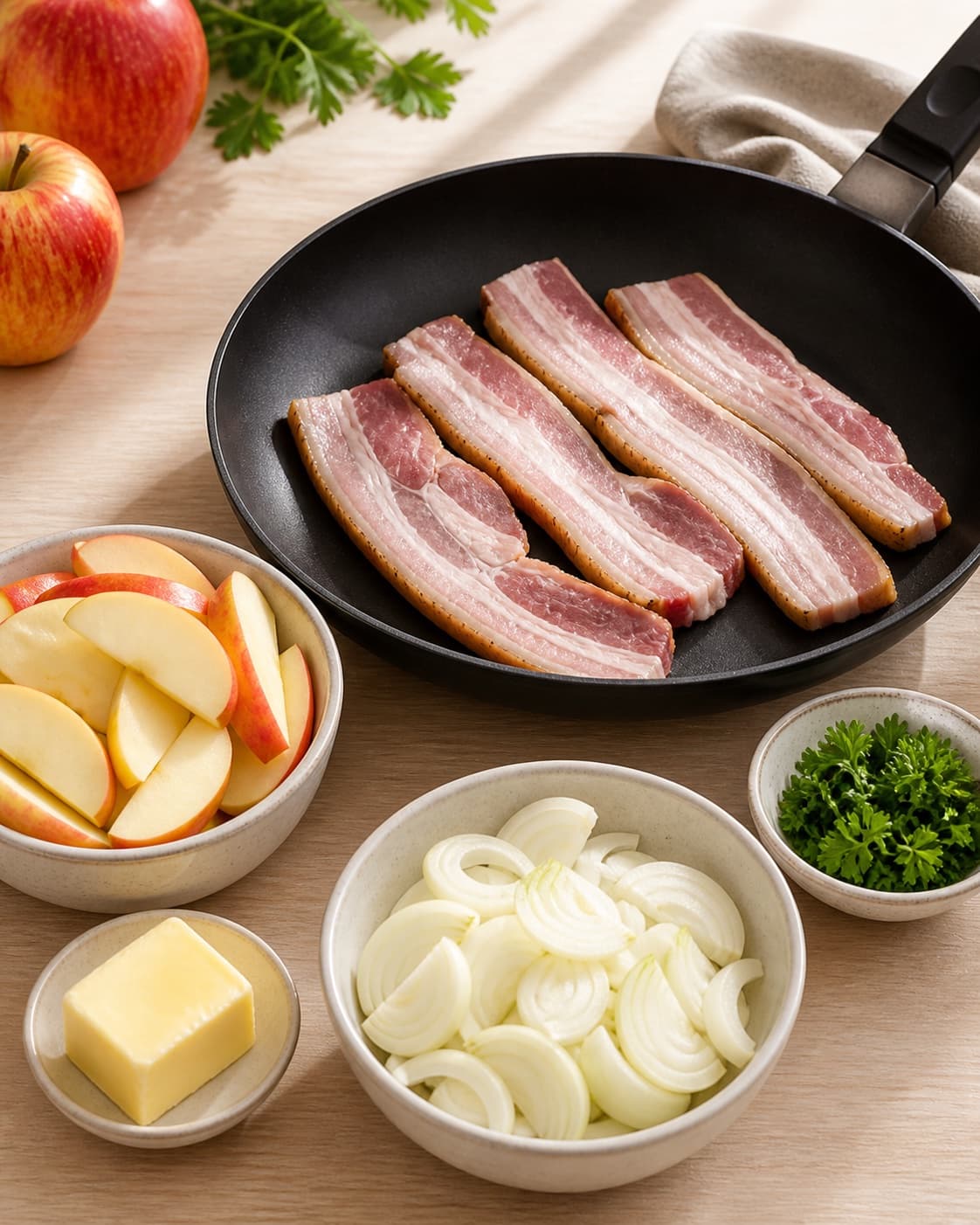 Dry salted pork slices beside even apple wedges sliced onions thyme butter rye bread salt and pepper under tilberedningen af æbleflæsk