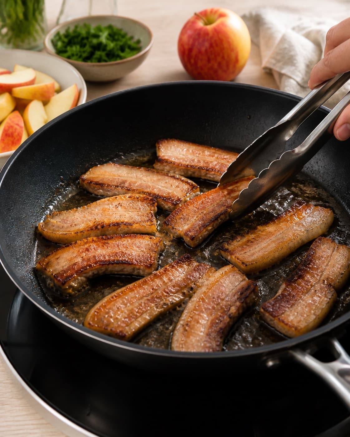 Salt pork slices rendering slowly until deep golden and crisp in a broad pan under tilberedningen af æbleflæsk