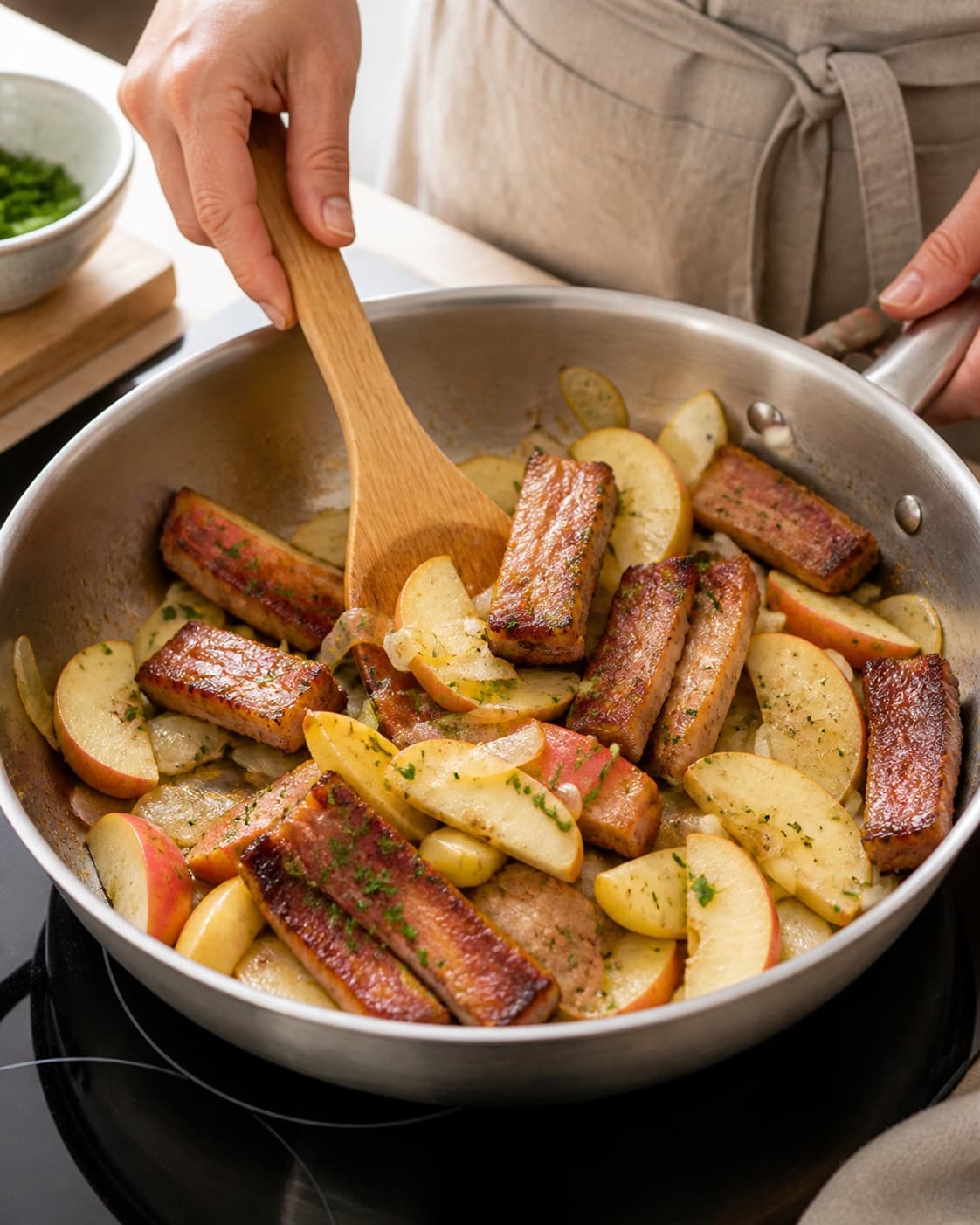 Apple onion mixture briefly combined with some crisp pork while other slices stay separate under tilberedningen af æbleflæsk