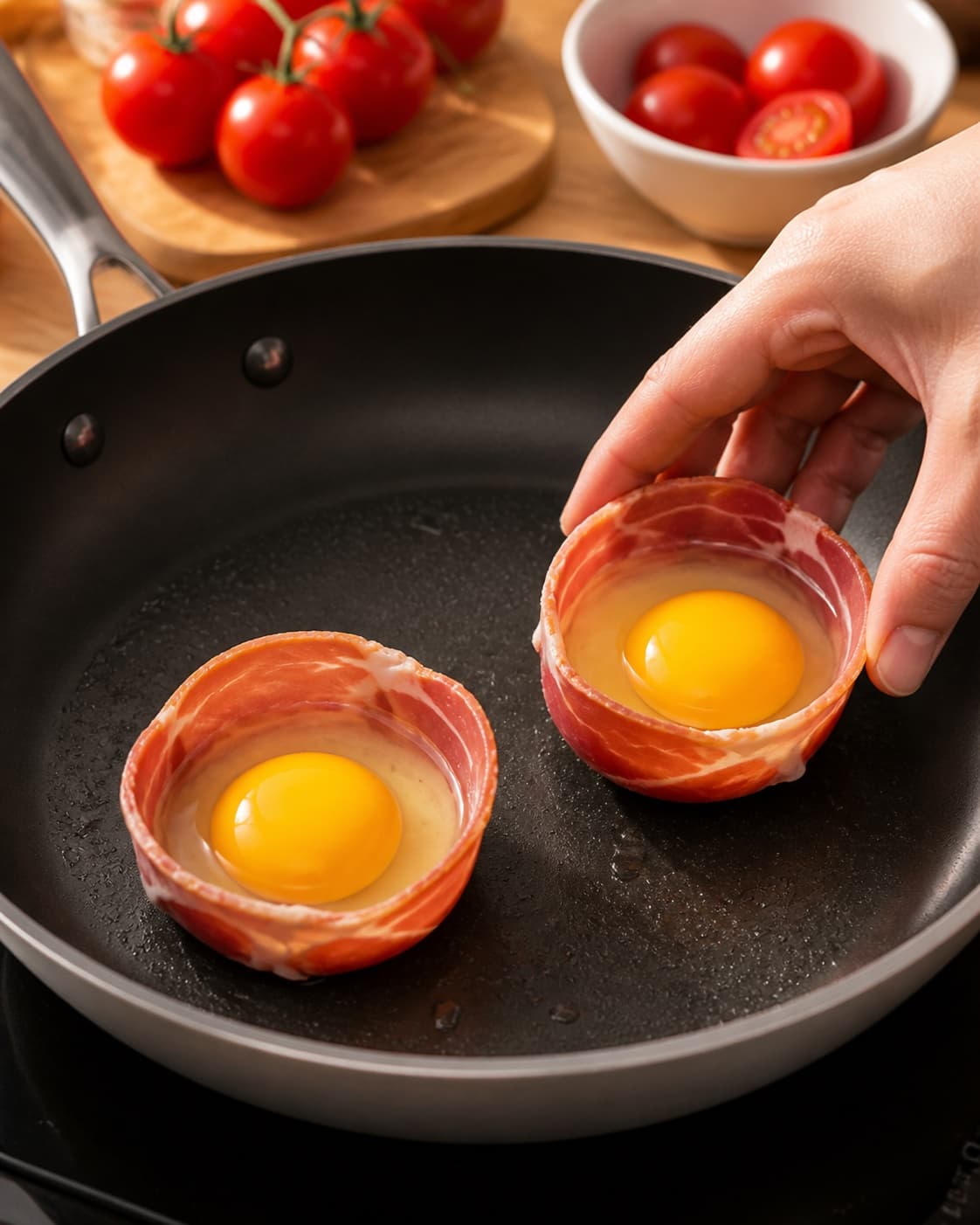 Eggs setting gently among blistered tomatoes with opaque whites and glossy yolks under tilberedningen af æg med serranoskinke og tomat