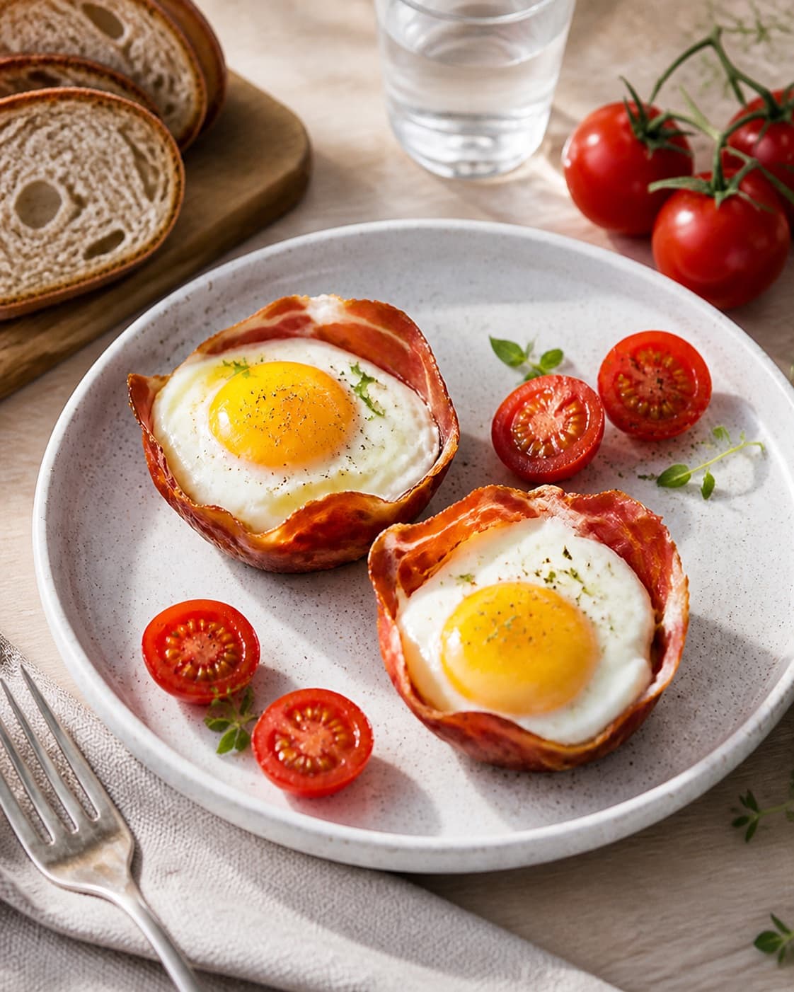 Soft eggs and tomatoes served on garlic sourdough with crisp serrano and chives under tilberedningen af æg med serranoskinke og tomat