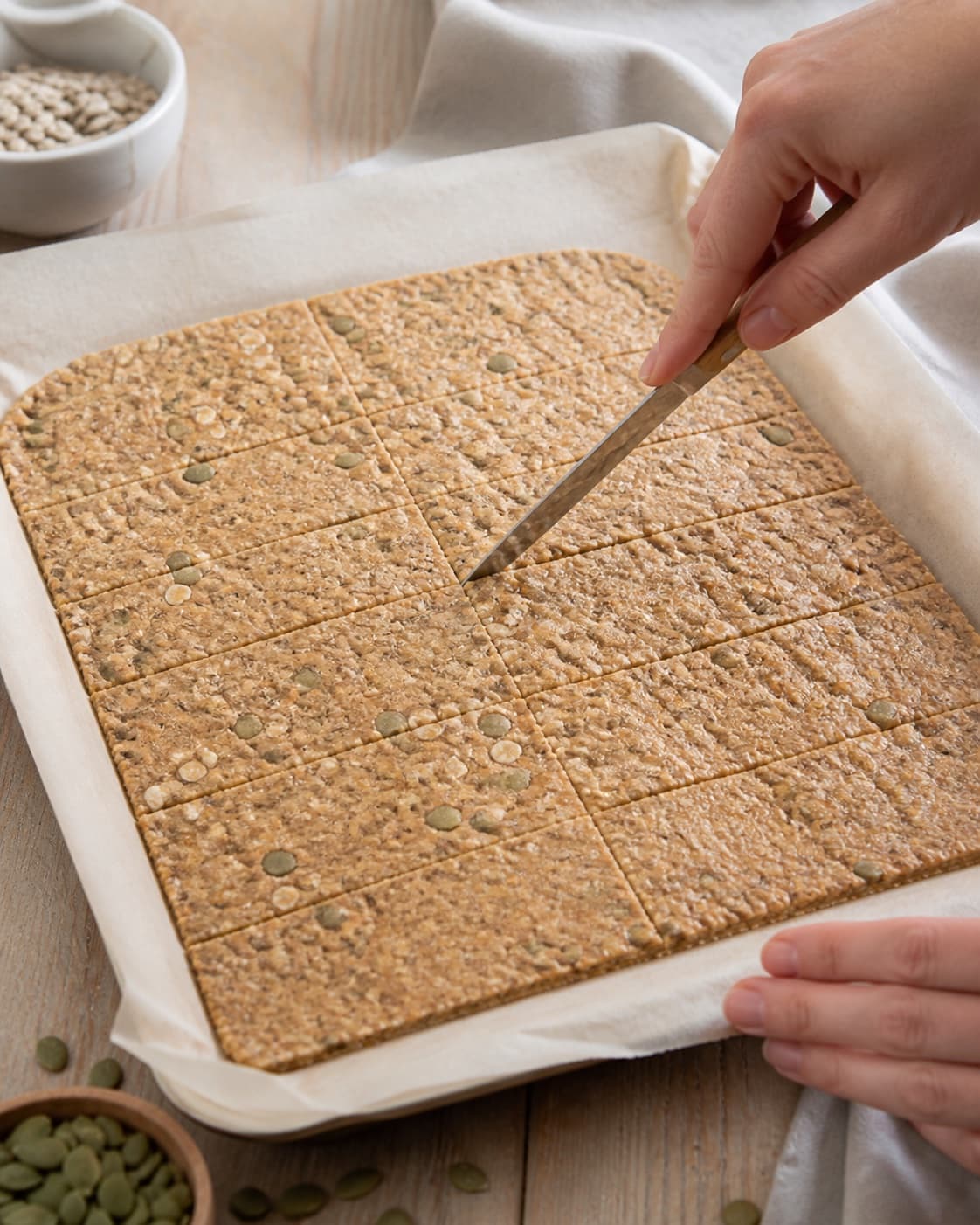 Thin seed cracker sheet being scored into equal rectangles before baking under tilberedningen af knækbrød
