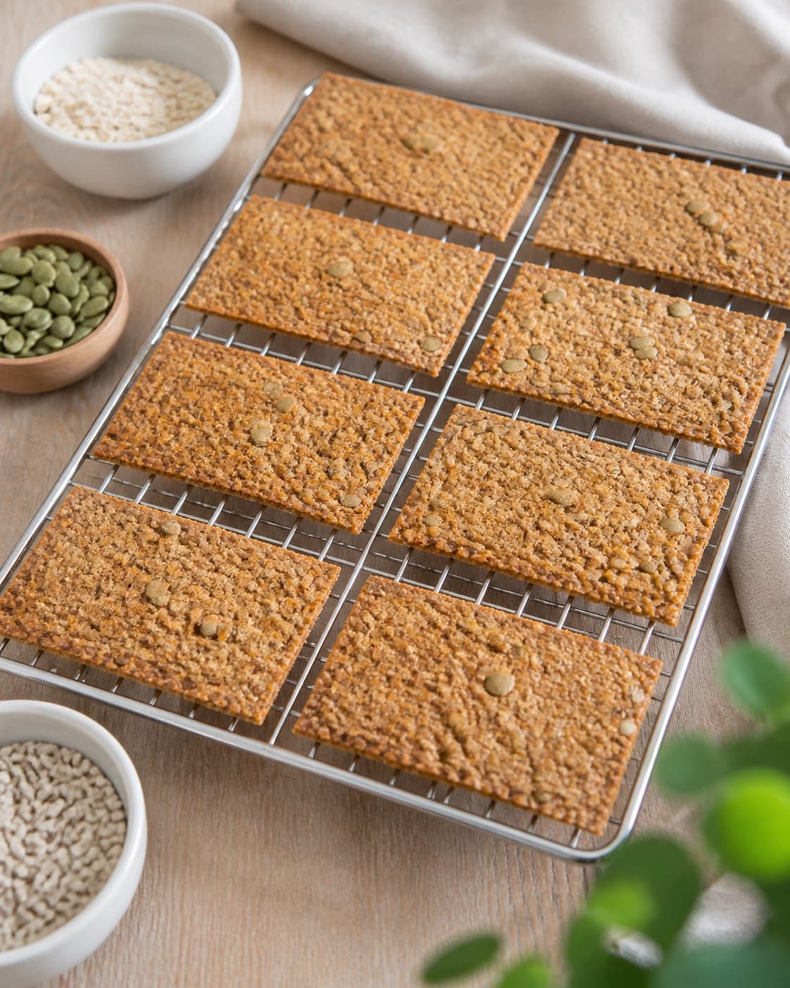 Golden rye seed crackers drying separately until crisp on a wire rack under tilberedningen af knækbrød