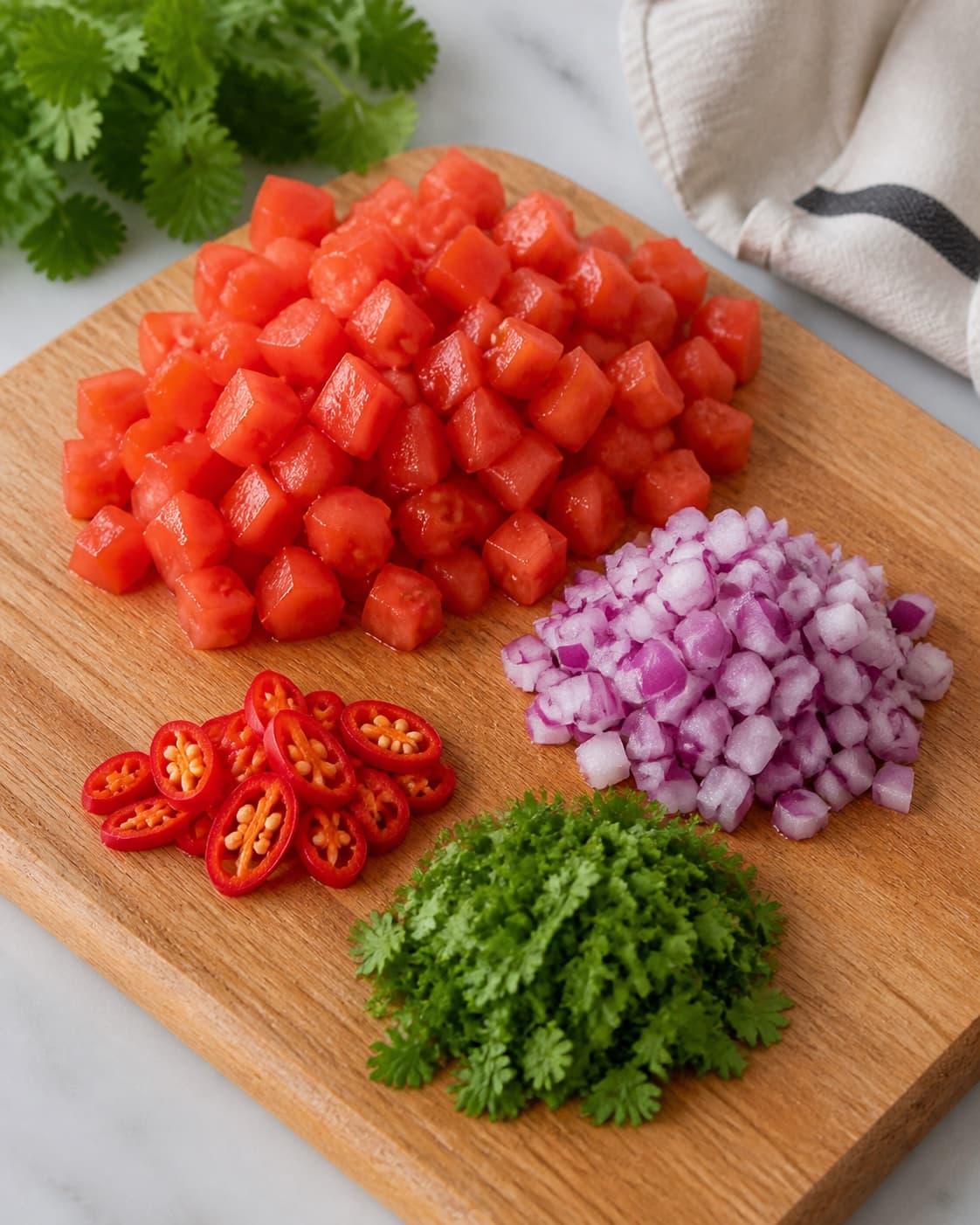 Fresh tomatoes chilli coriander limes and red onion cleaned and dried for salsa under tilberedningen af tomatsalsa