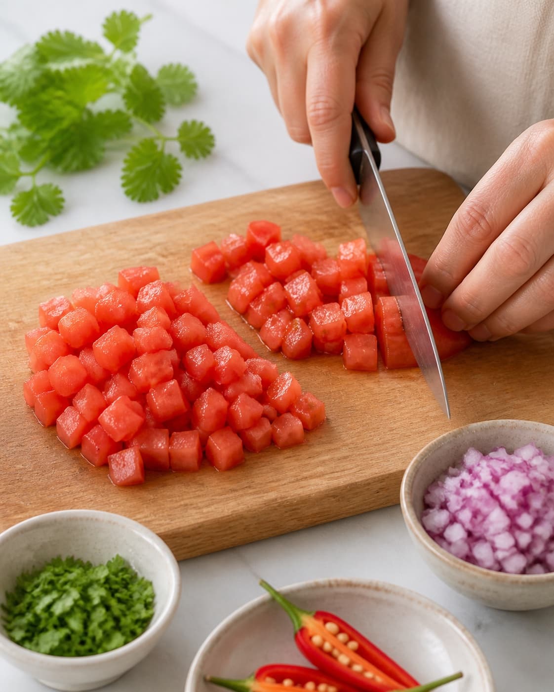Tomato flesh diced evenly beside finely chopped red onion and fresh chilli under tilberedningen af tomatsalsa