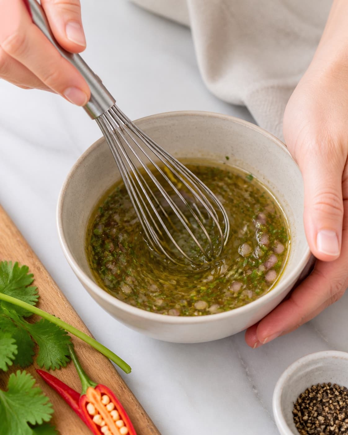 Fresh lime juice olive oil and salt whisked into a light glossy salsa dressing under tilberedningen af tomatsalsa