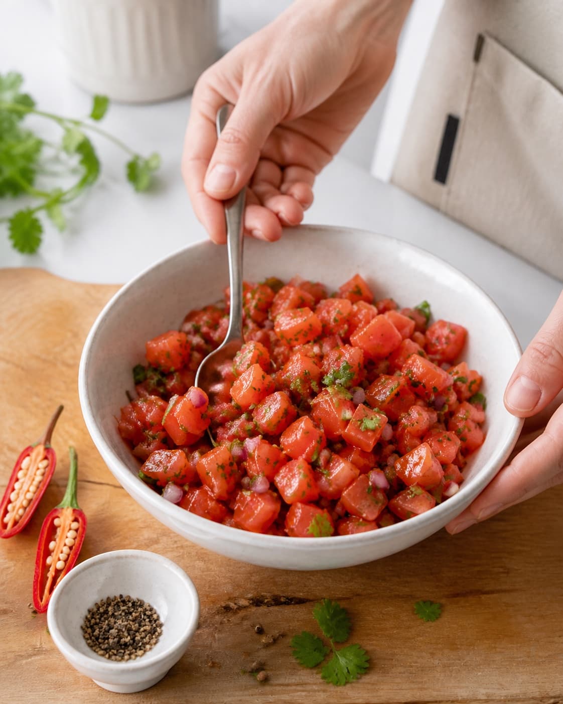 Diced tomato red onion and chilli being gently folded through lime olive oil dressing under tilberedningen af tomatsalsa