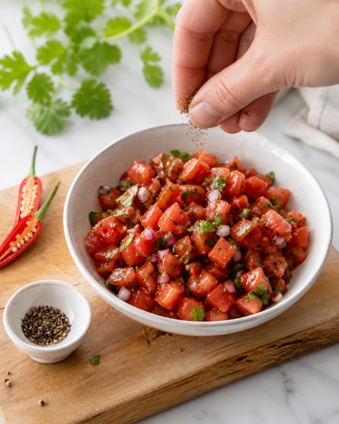 Fresh coriander being folded into finished chunky tomato salsa just before serving under tilberedningen af tomatsalsa