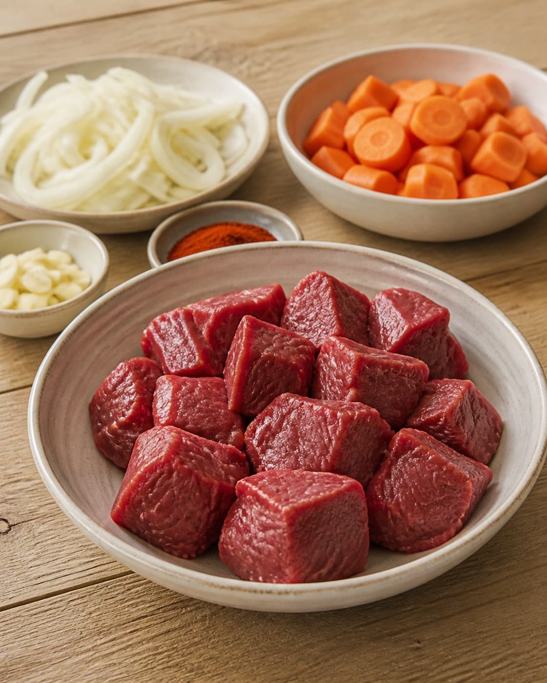 Dry beef cubes beside onions garlic carrots paprika tomato paste tomatoes stock oil and salt under tilberedningen af gullasch