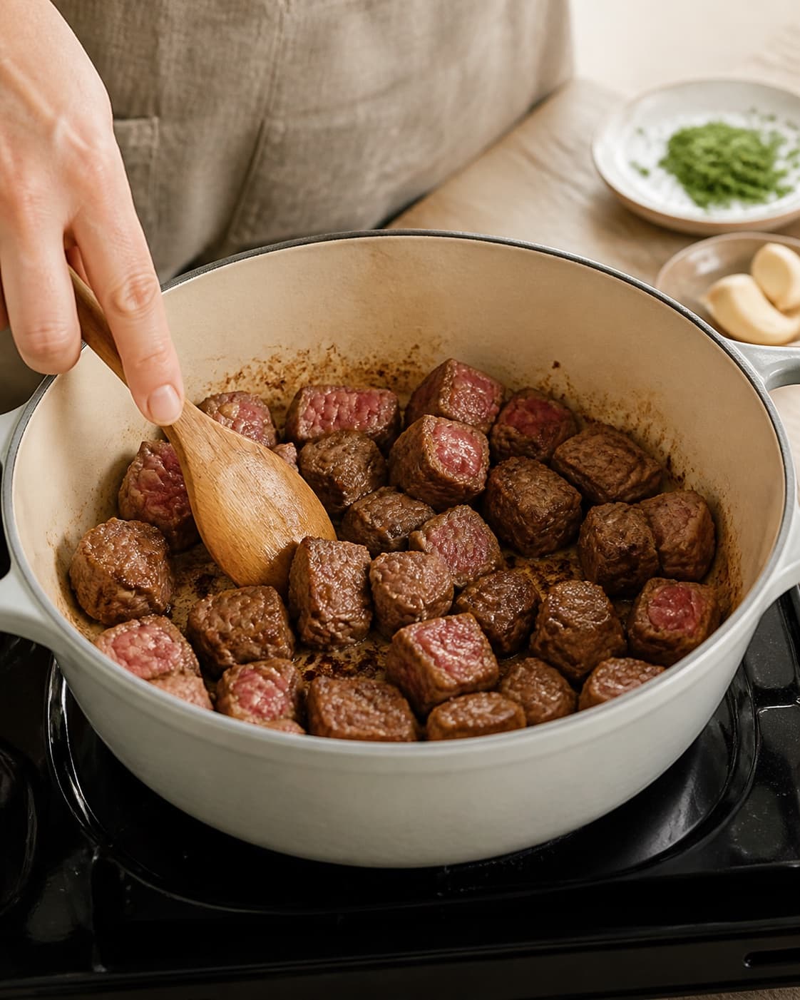 Beef shoulder cubes browning deeply in small uncrowded batches under tilberedningen af gullasch