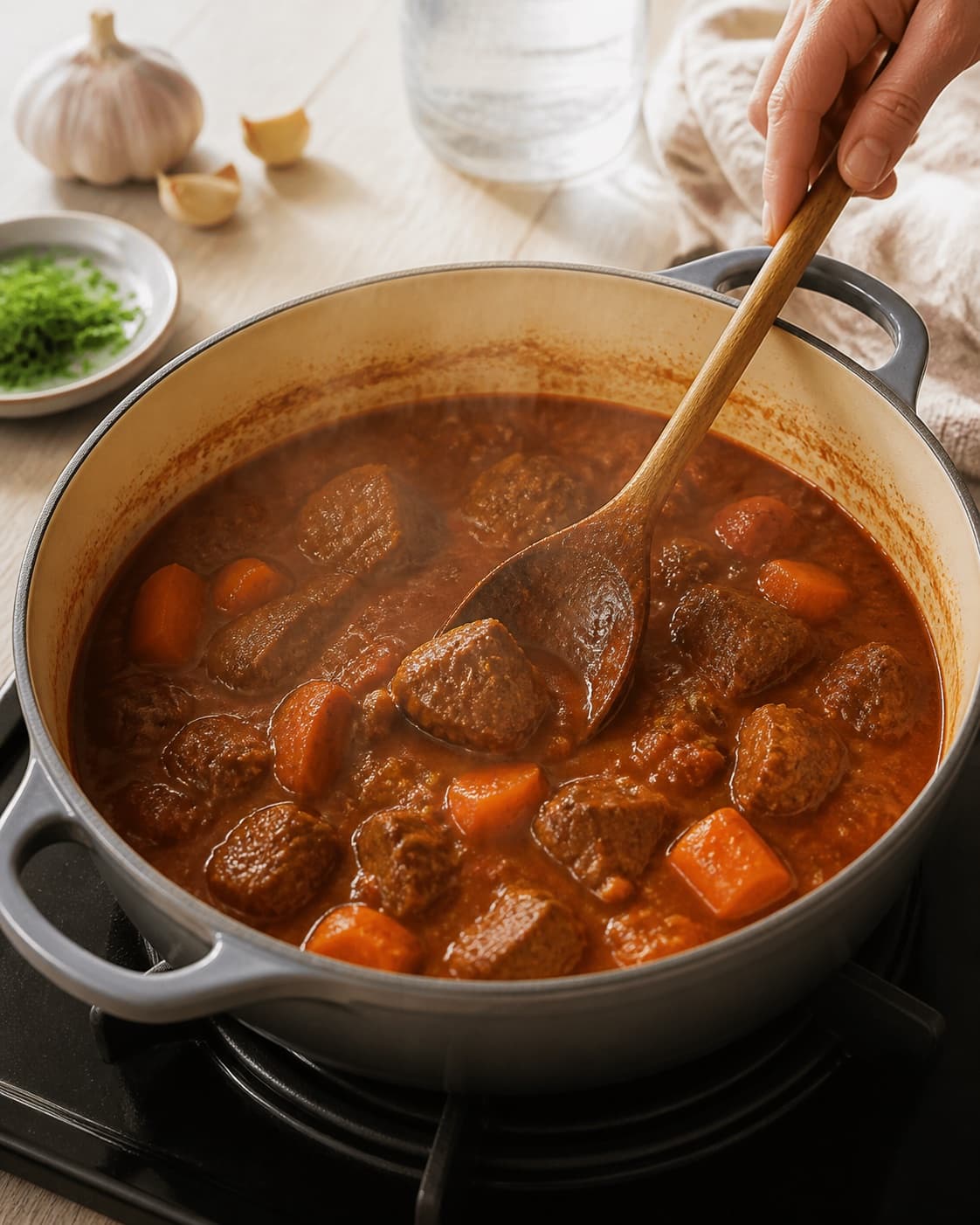 Goulash braising slowly with fork tender beef and intact carrot slices in red sauce under tilberedningen af gullasch