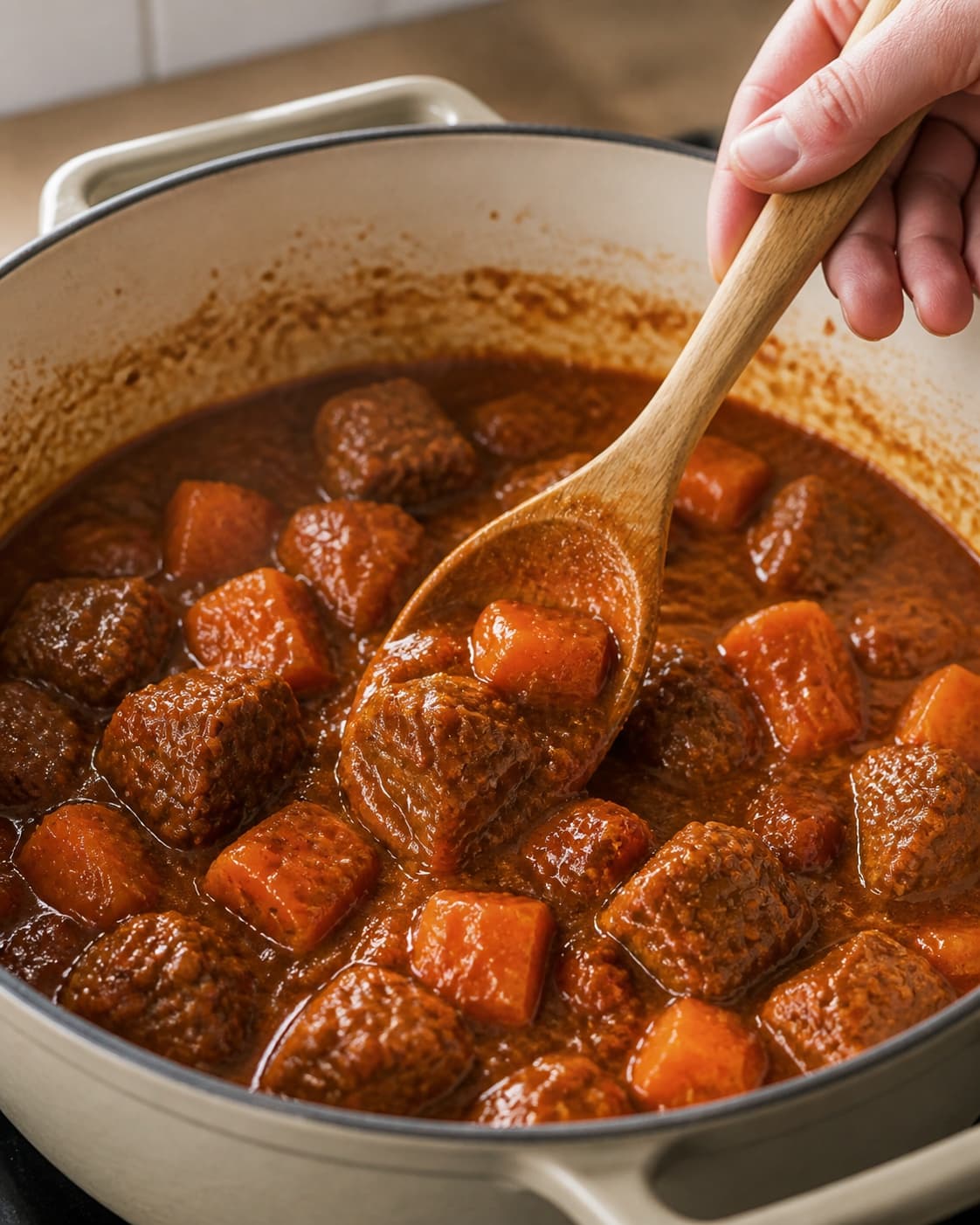 Finished goulash with tender beef and carrots coated in a glossy reduced paprika sauce under tilberedningen af gullasch