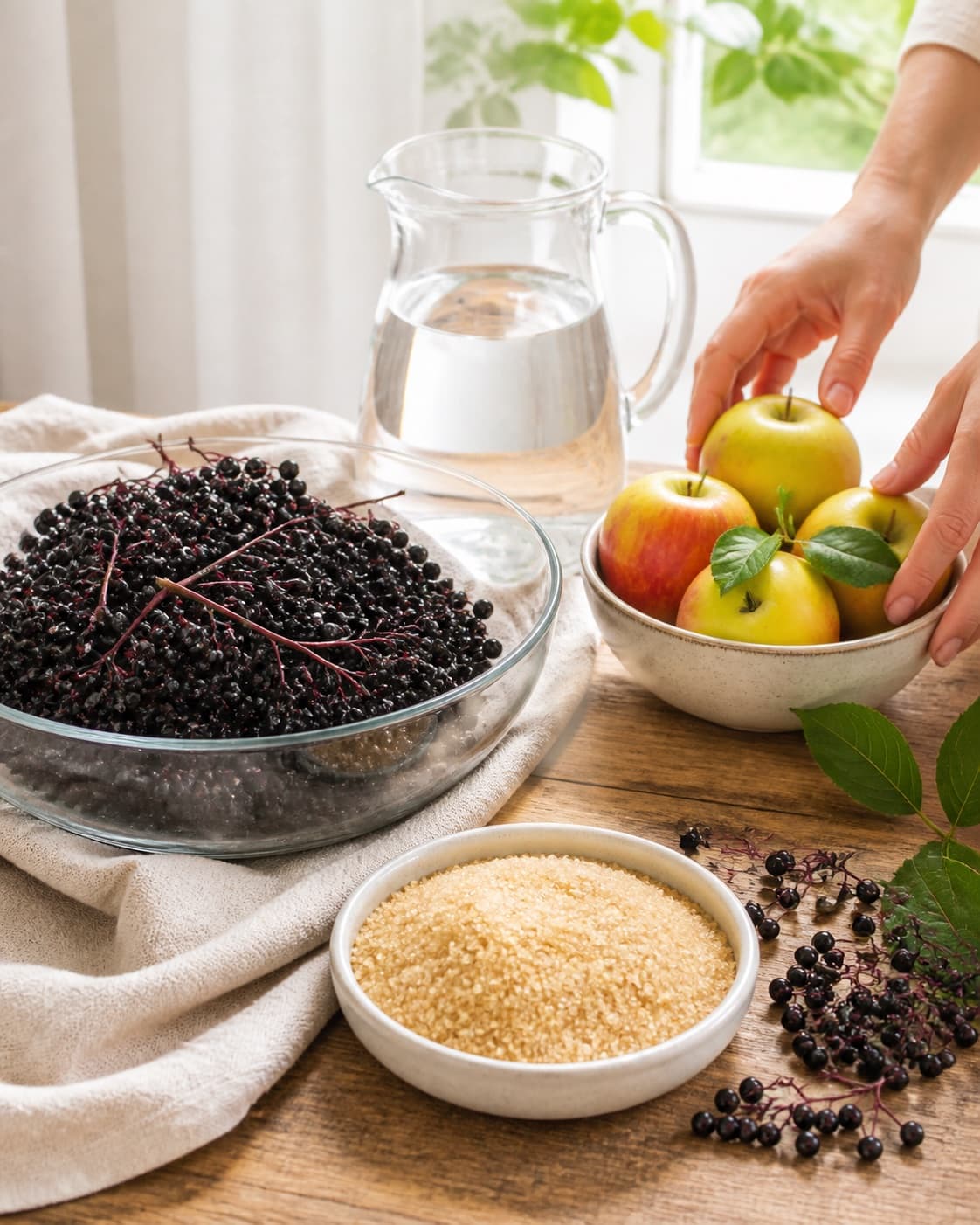 Clean ripe elderberries apples lemons sugar cinnamon citric acid water and hot bottles prepared separately under tilberedningen af hyldebærsirup