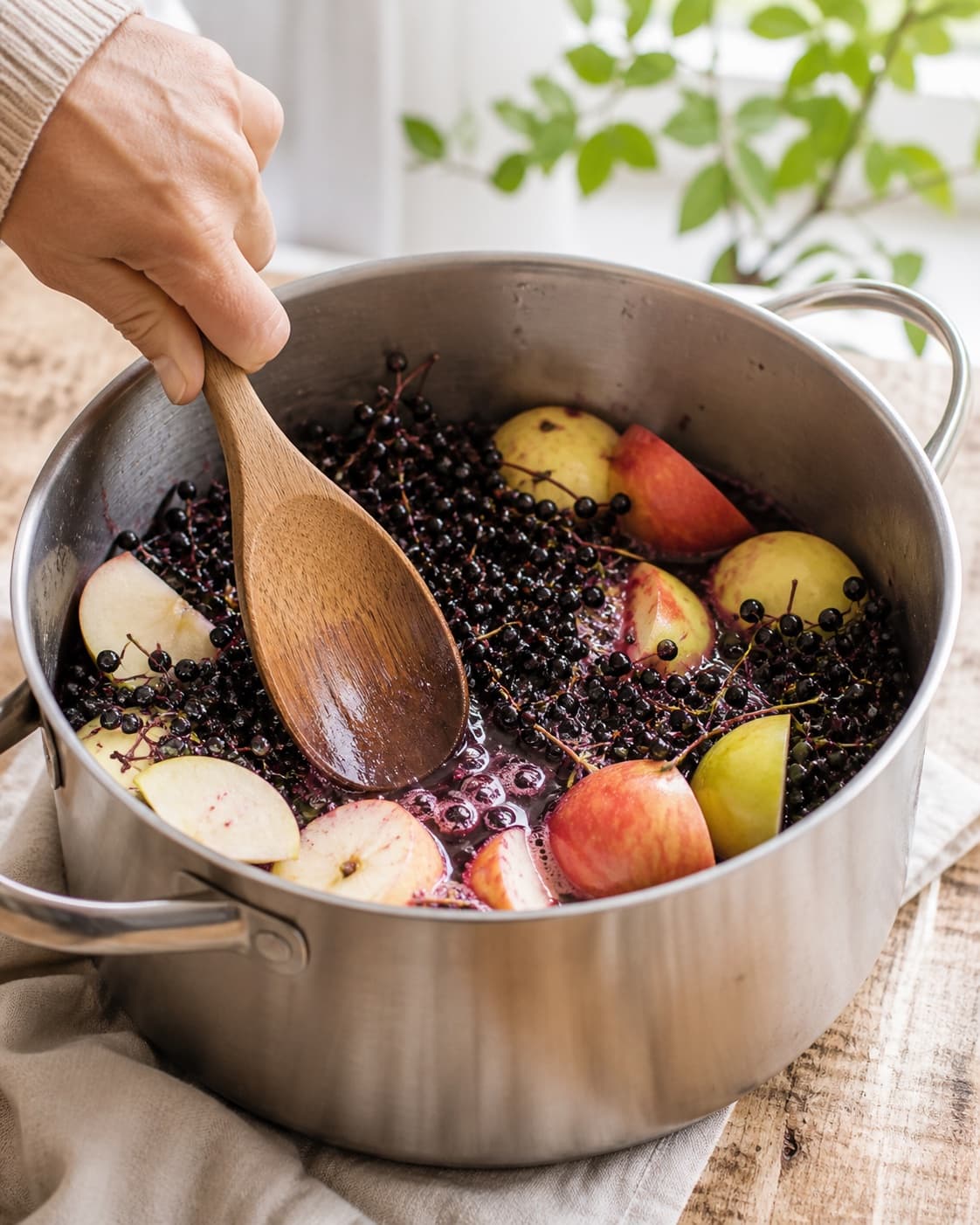 Elderberries apples lemon and cinnamon boiling thoroughly into dark purple juice under tilberedningen af hyldebærsirup