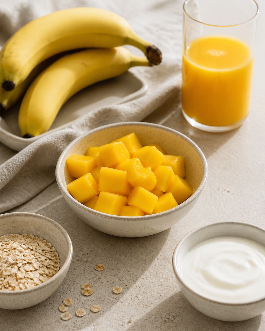 Mango banana lime ginger orange juice yoghurt and ice prepared separately for smoothie under tilberedningen af smoothie med mango og banan