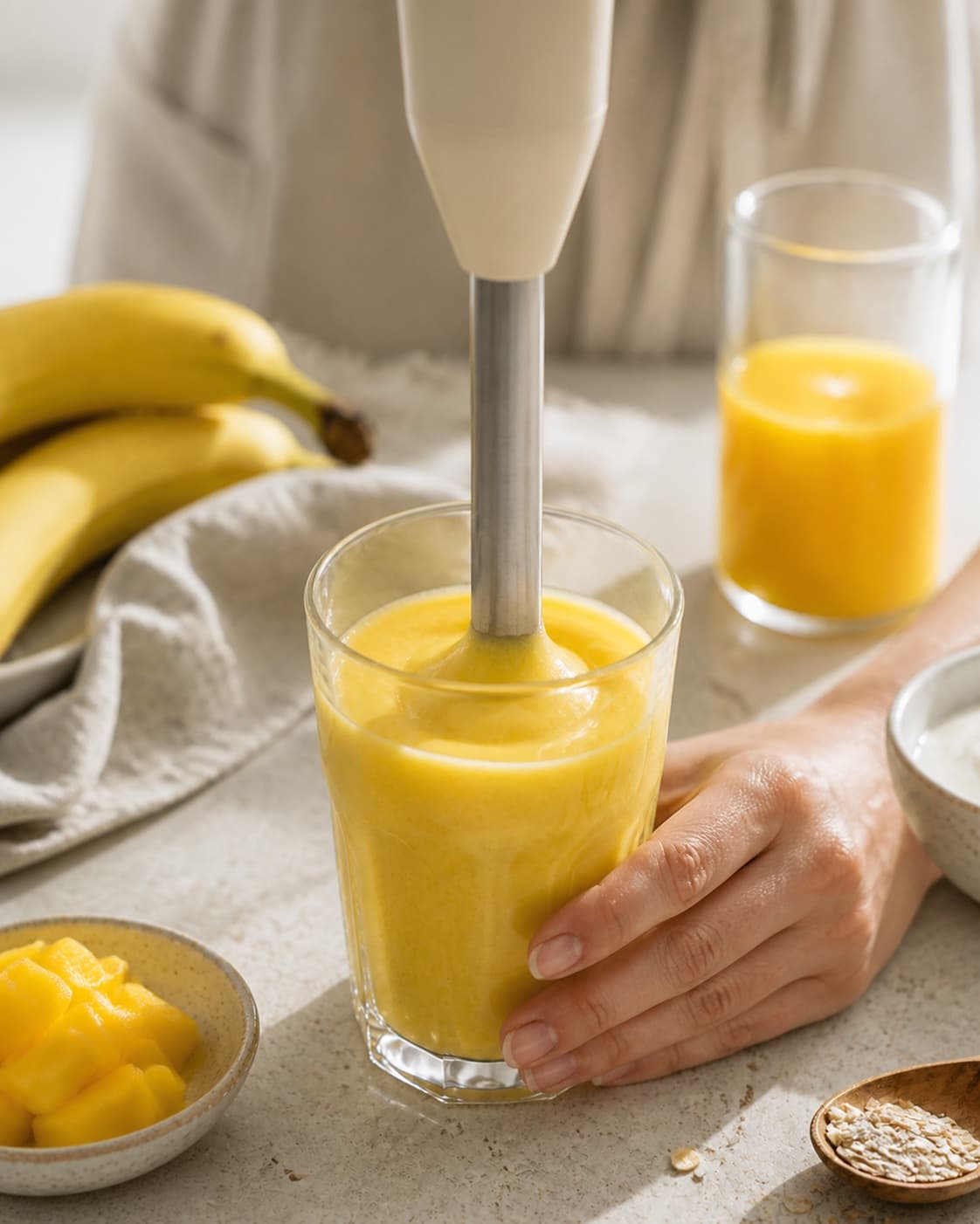Mango banana orange yoghurt lime and ginger blending into a smooth vivid base under tilberedningen af smoothie med mango og banan