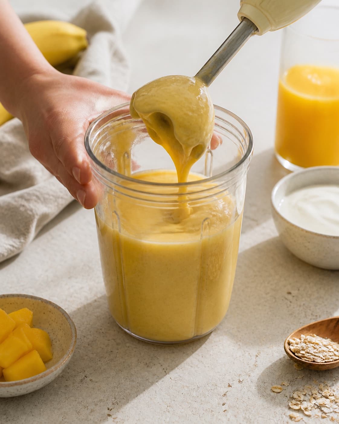 Ice being pulsed into thick mango banana smoothie before lime balance is checked under tilberedningen af smoothie med mango og banan