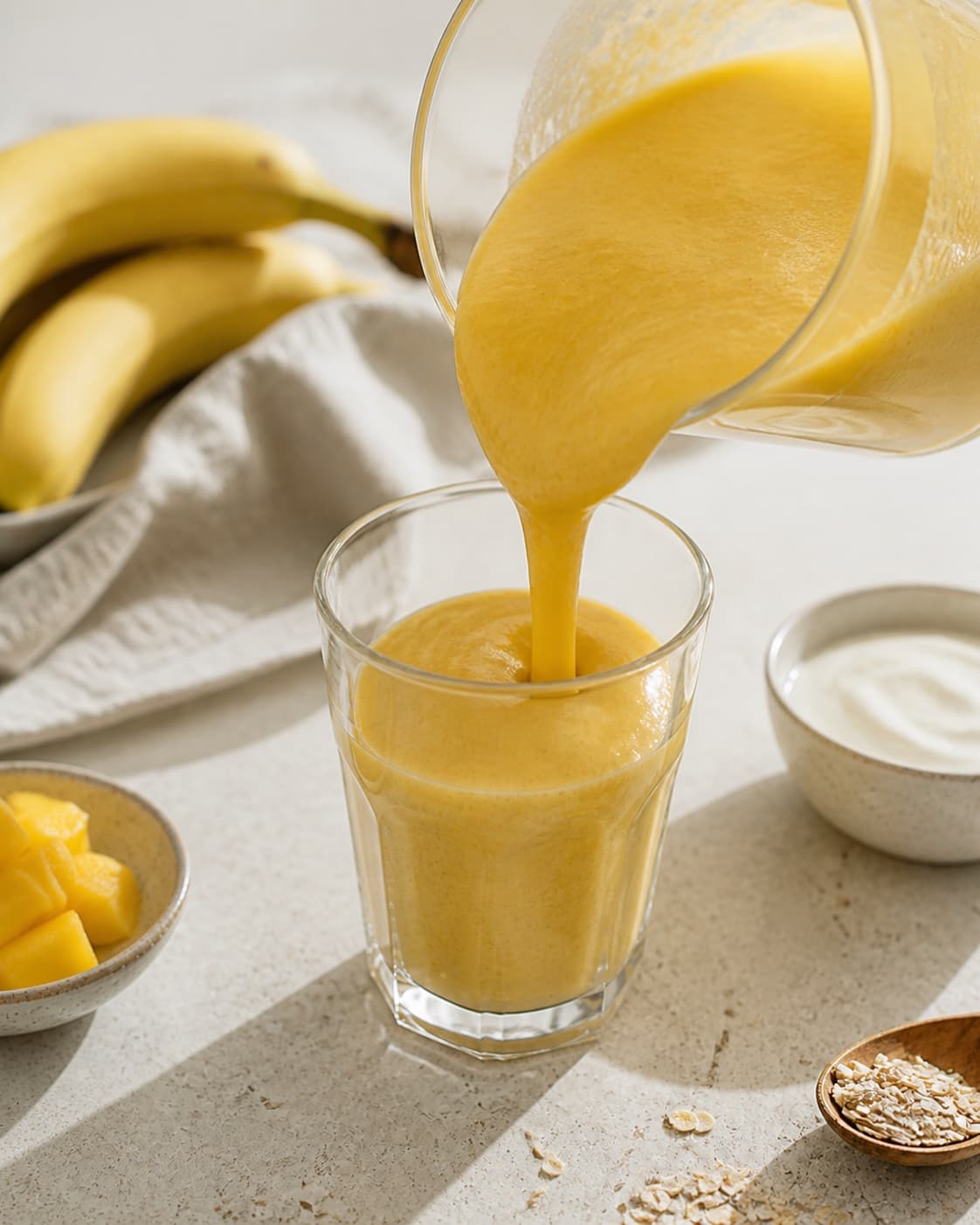 Thick mango banana smoothie being poured smoothly into chilled glasses under tilberedningen af smoothie med mango og banan