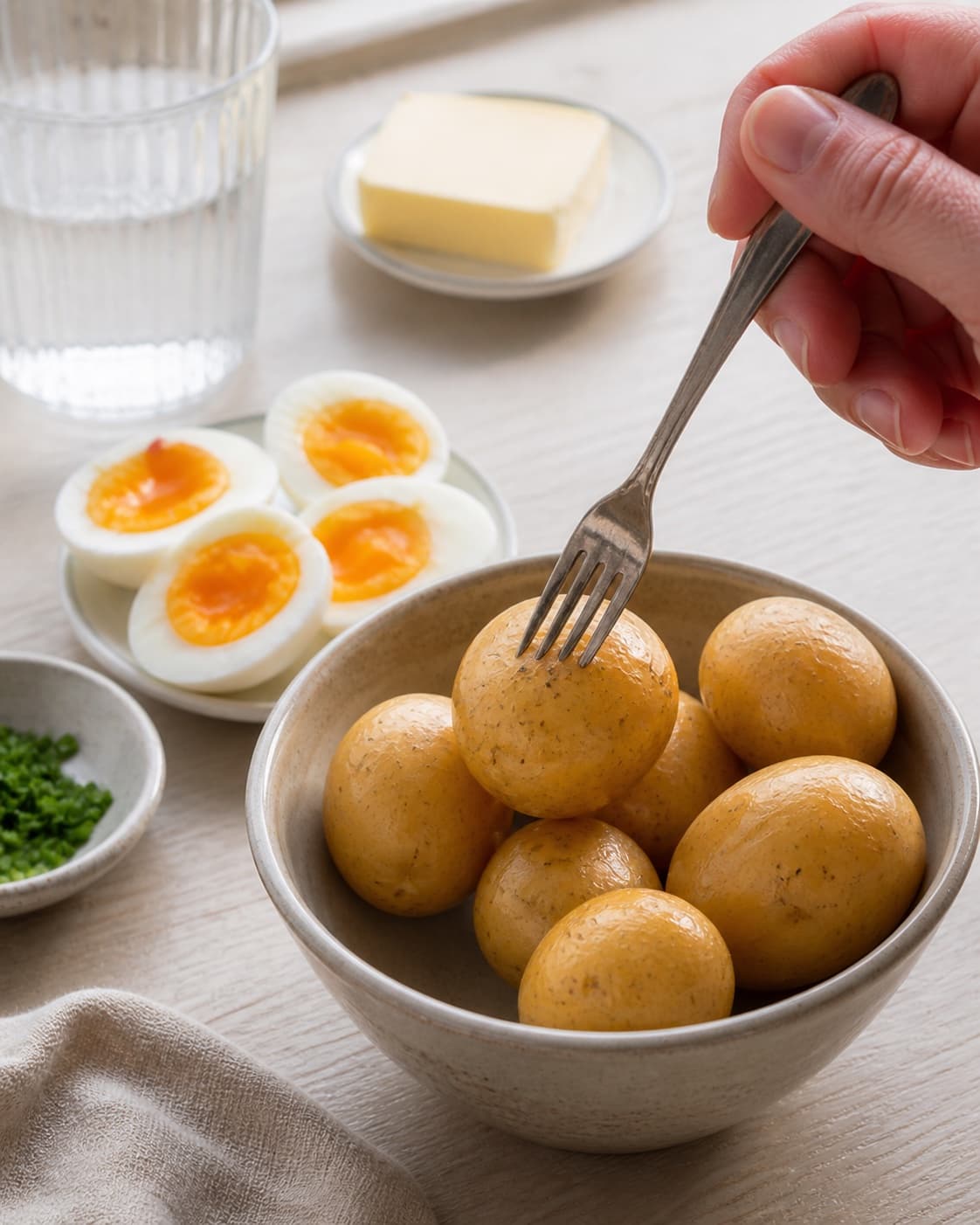 Whole potatoes being checked with a small knife after gentle boiling under tilberedningen af æg i sennepssauce – skidne æg