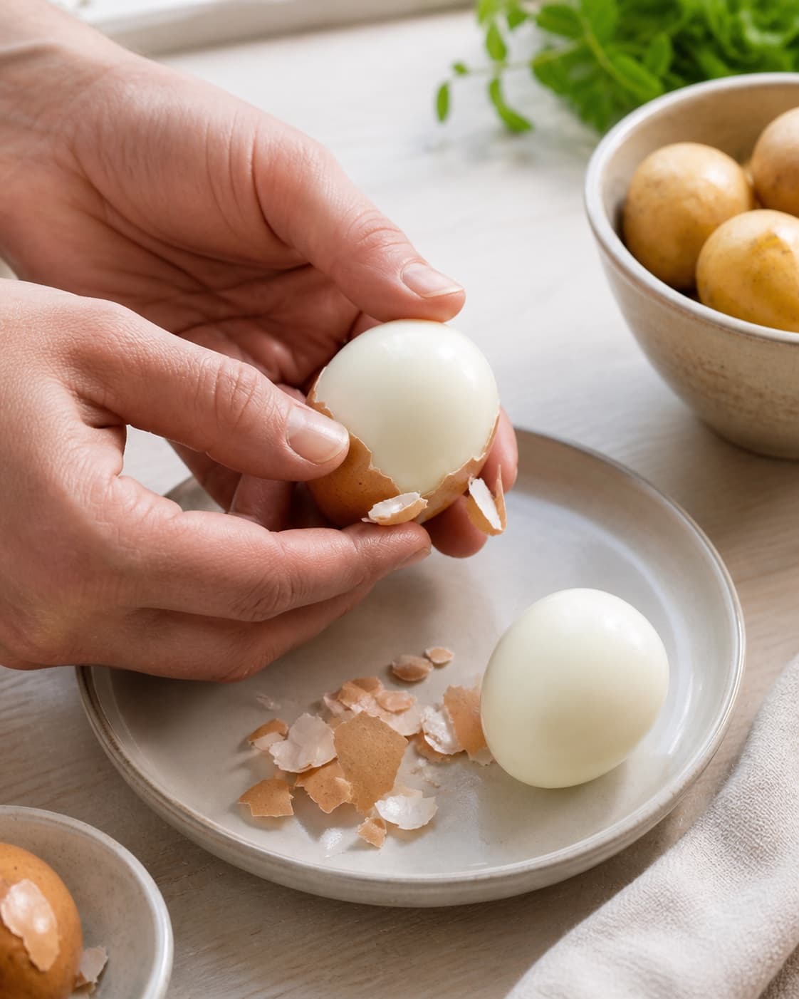 Cooked eggs being peeled cleanly to reveal firm whites and creamy yolks under tilberedningen af æg i sennepssauce – skidne æg