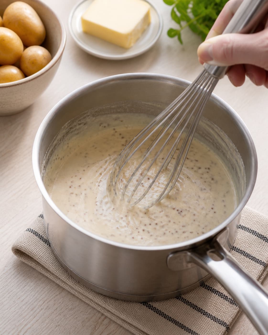 Smooth white sauce thickening as milk is whisked gradually into a pale roux under tilberedningen af æg i sennepssauce – skidne æg