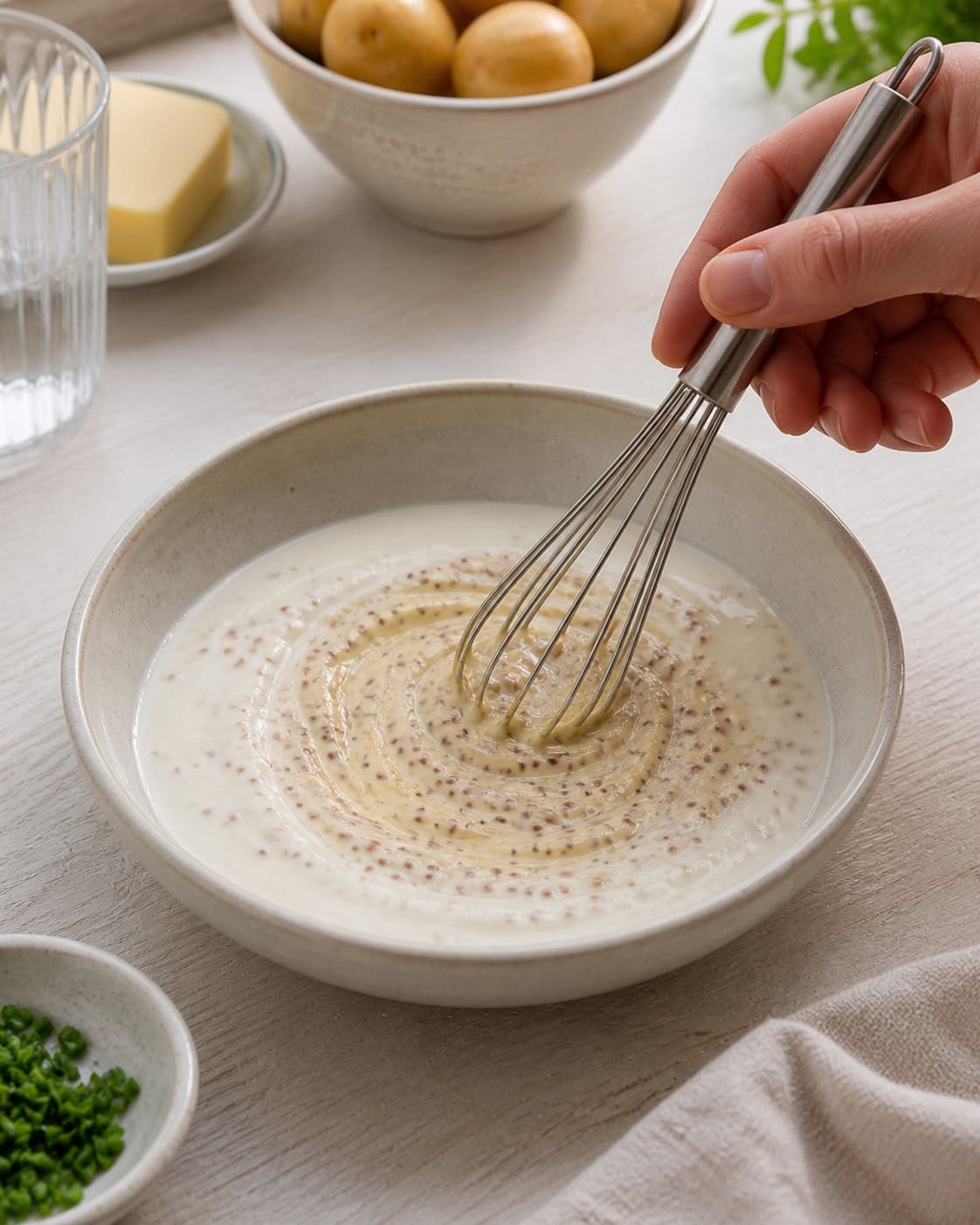 Dijon and wholegrain mustard being whisked into smooth white sauce off high heat under tilberedningen af æg i sennepssauce – skidne æg