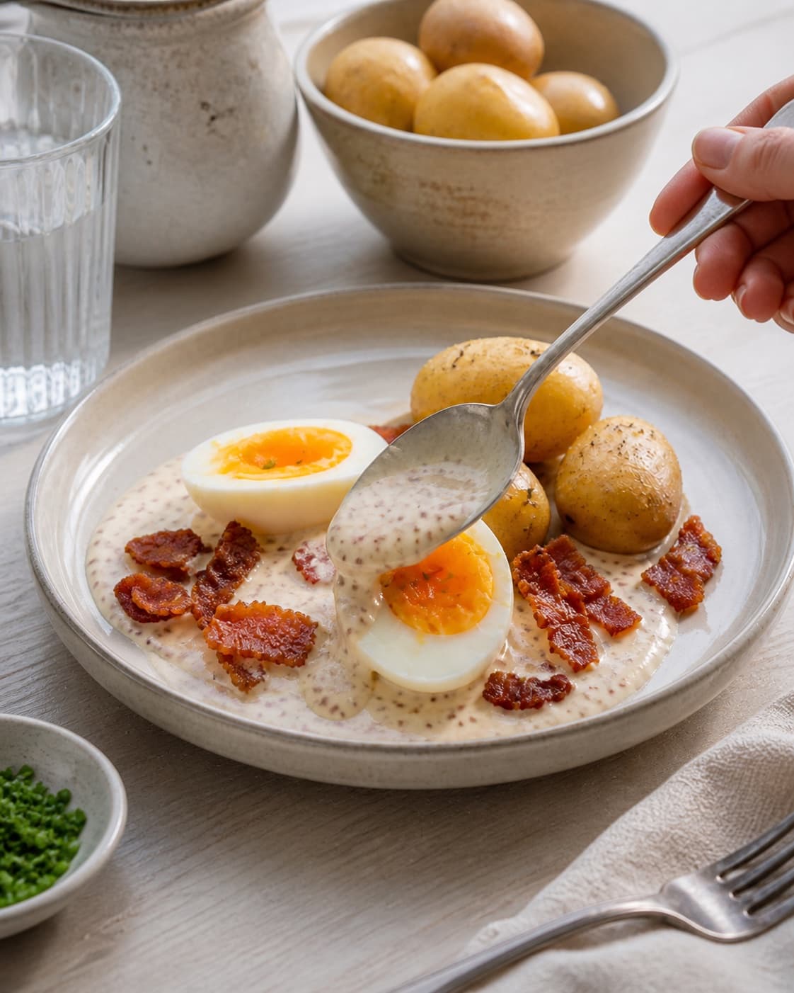 Halved eggs warmed gently in mustard sauce and served with potatoes and chives under tilberedningen af æg i sennepssauce – skidne æg