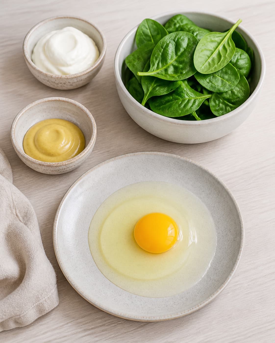 Dry washed spinach beside eggs creme fraiche Dijon wholegrain mustard lemon chives salt and pepper under tilberedningen af æg og spinat med sennepscreme
