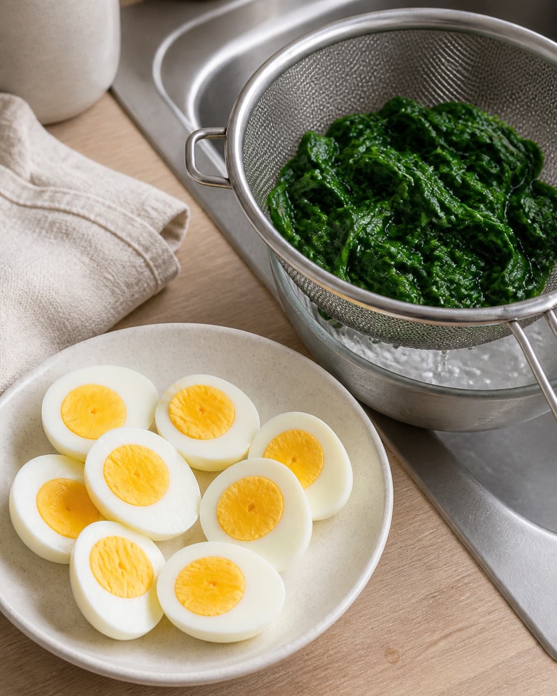 Creamy boiled eggs beside bright green just wilted spinach draining in a sieve under tilberedningen af æg og spinat med sennepscreme