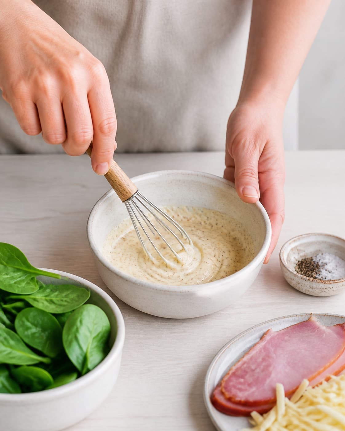 Cold creme fraiche mustard lemon and chive cream mixed until smooth under tilberedningen af æg og spinat med sennepscreme