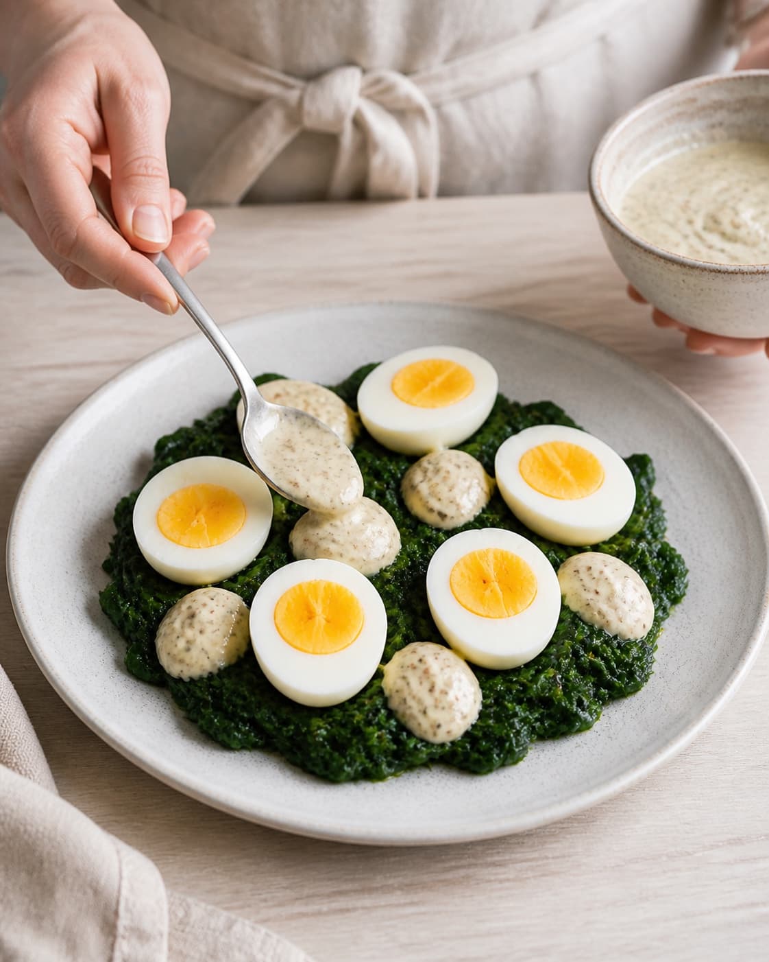 Wilted spinach halved eggs and mustard creme fraiche arranged in distinct layers under tilberedningen af æg og spinat med sennepscreme