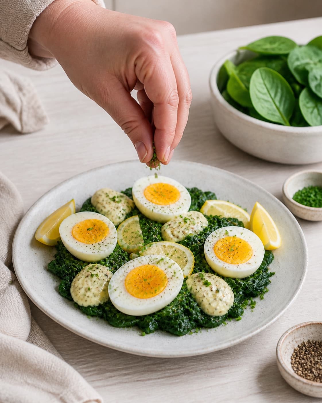 Egg and spinach platter finished with fresh chives black pepper and lemon wedges under tilberedningen af æg og spinat med sennepscreme