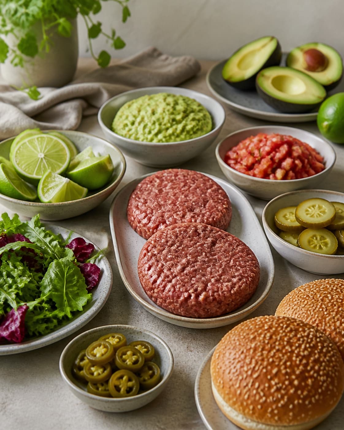 Four loose beef patties beside burger buns tomato onion cheddar jalapenos coriander lime and salt under tilberedningen af mexicansk burger med guacamole