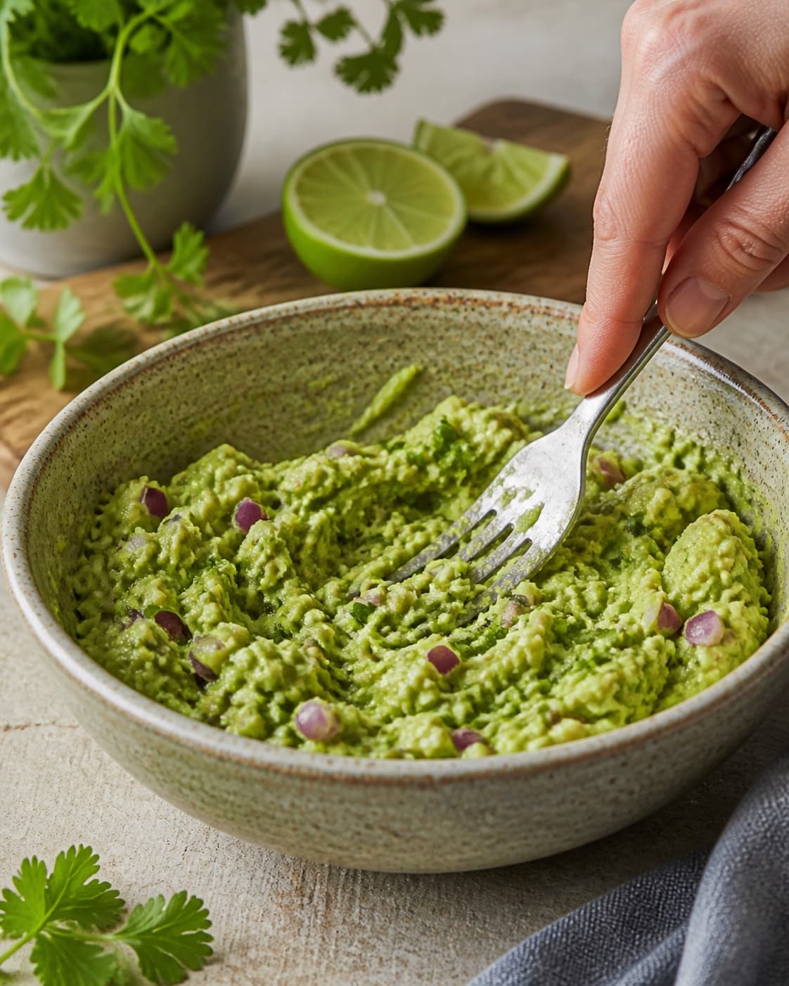 Avocado lime red onion coriander and salt mashed into chunky green guacamole under tilberedningen af mexicansk burger med guacamole